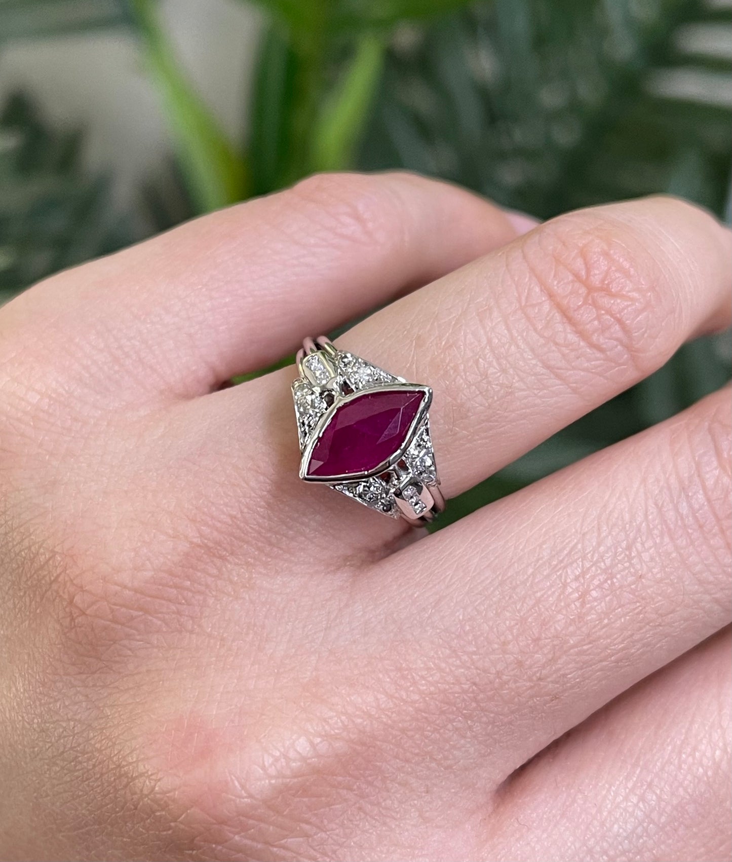 Art Deco Style 1.6ct Natural Marquise cut Ruby & Diamond Ring