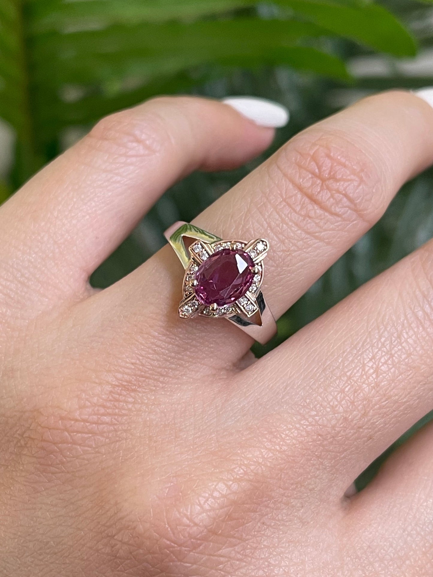 Art Deco Style Natural Pink Diamond Pink Sapphire Ring In 14ct Rose Gold & White Gold