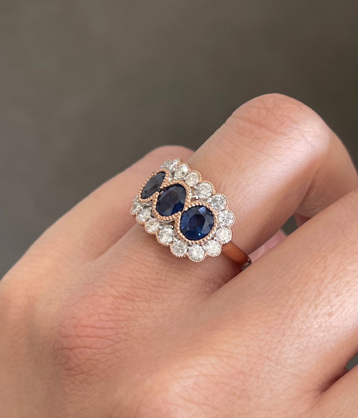 Classic Natural Sapphire Diamond Trilogy Ring In 14ct Rose Gold