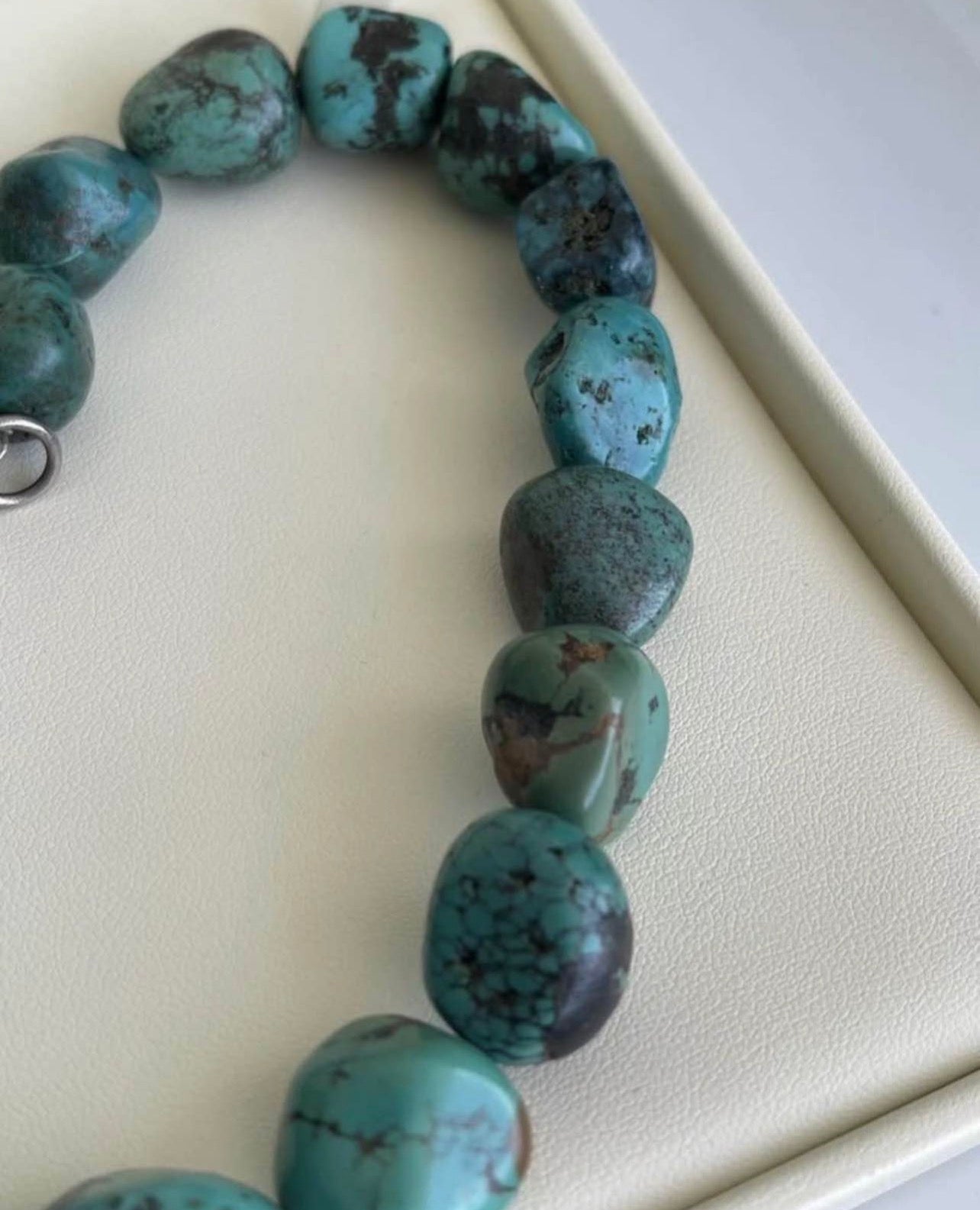 Vintage Large Turquoise Bead Necklace In 925 Sterling Silver Clasp