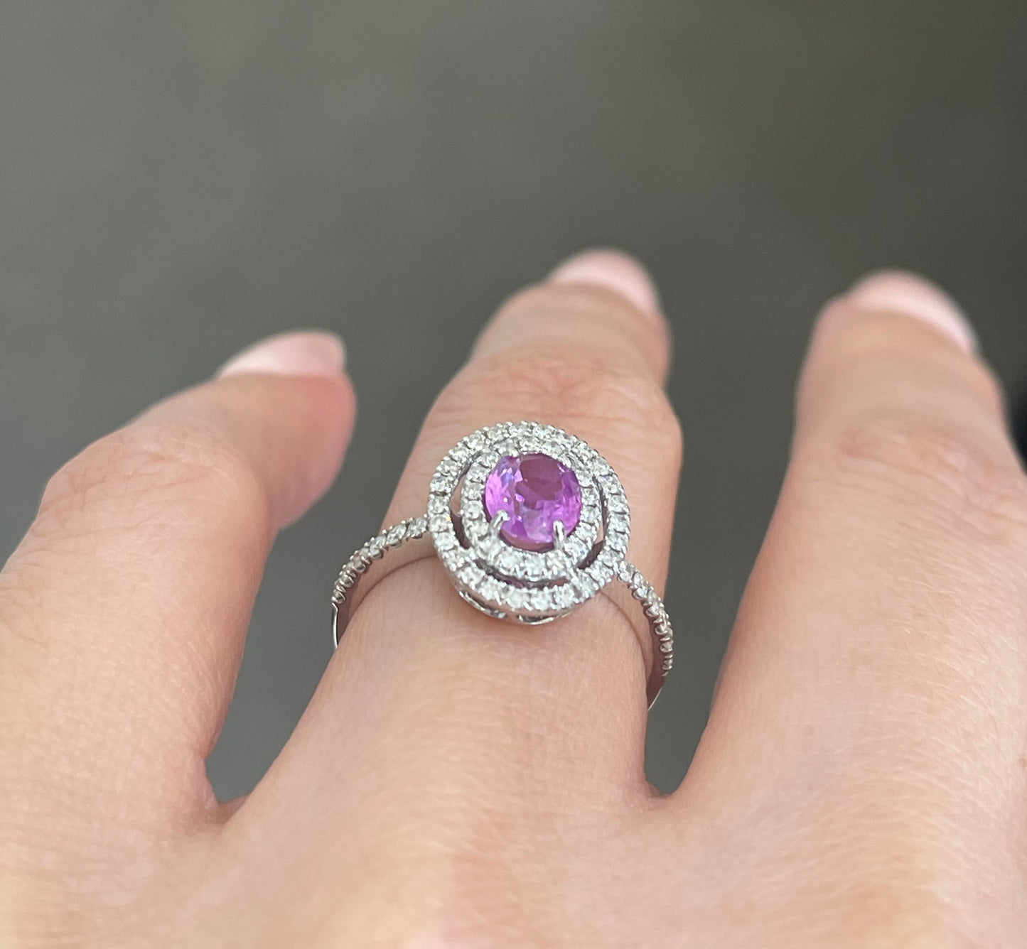 Natural Pink Sapphire Diamond Double Halo Ring In 14ct White Gold