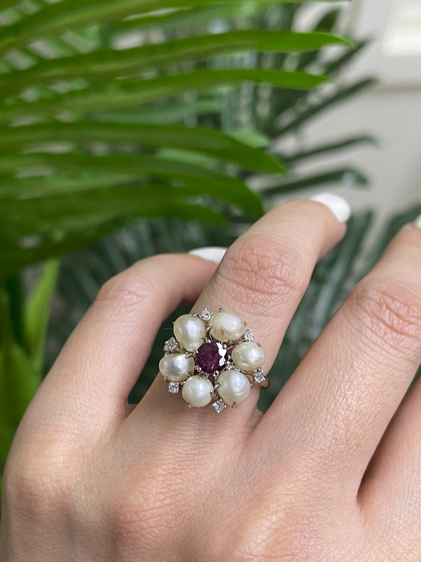 Natural Pearl Ruby Diamond Blossom Ring In 14ct White Gold