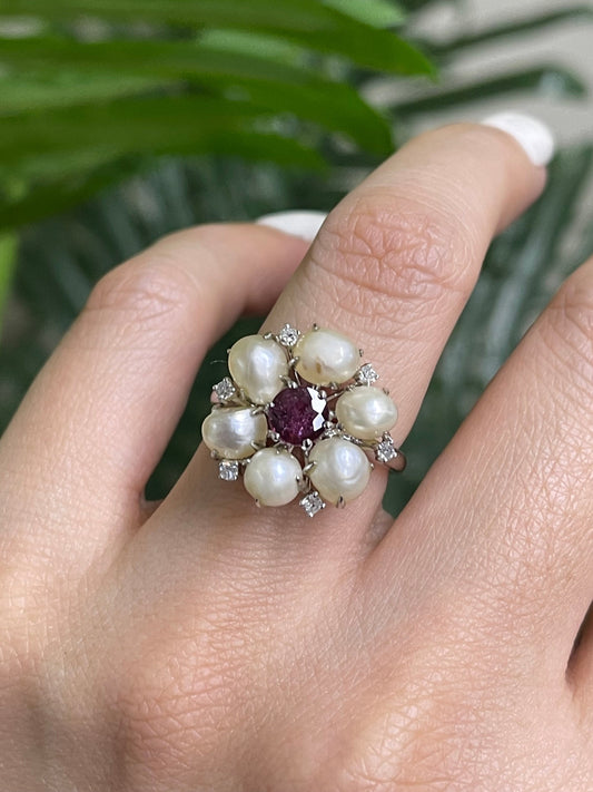Natural Pearl Ruby Diamond Blossom Ring In 14ct White Gold
