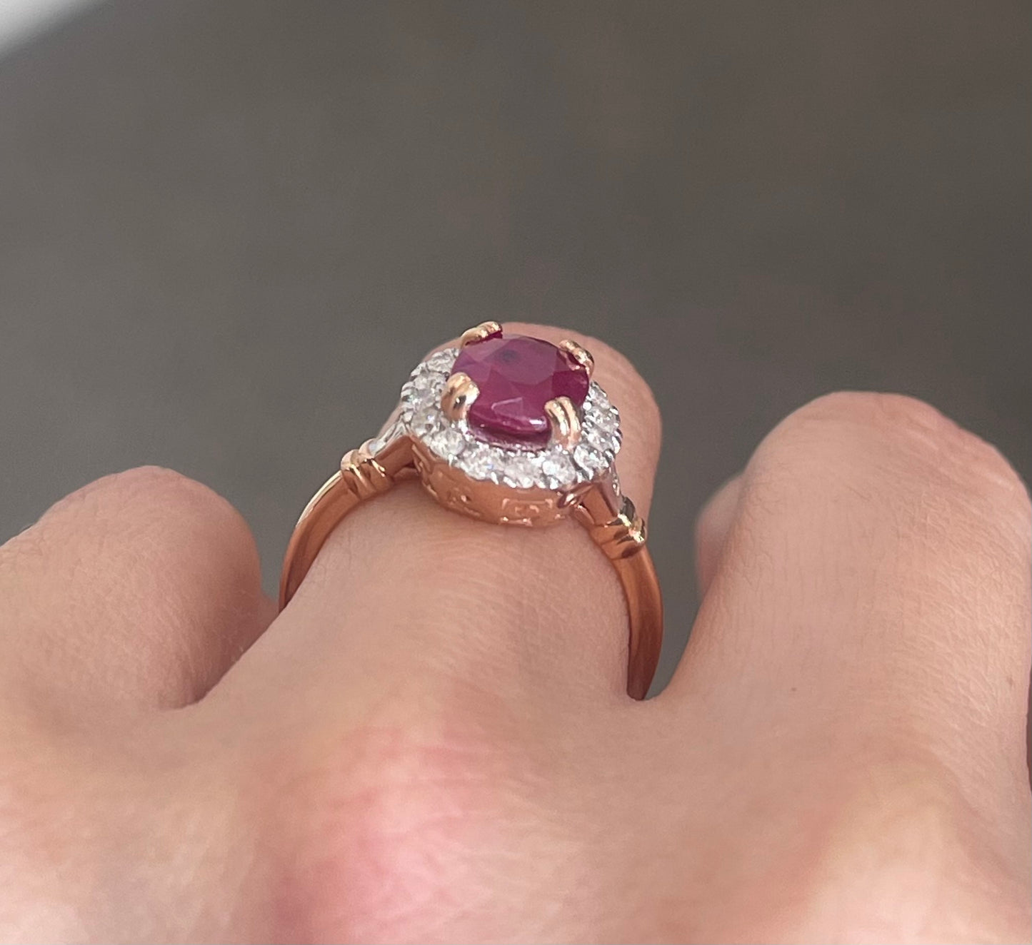 Vintage Style Natural Ruby Diamond Halo Ring in 14ct Rose Gold