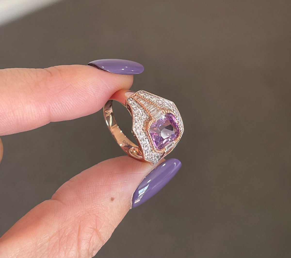 Art Deco Style Natural Pink Ceylon Sapphire Diamond Ring In 14ct Rose Gold