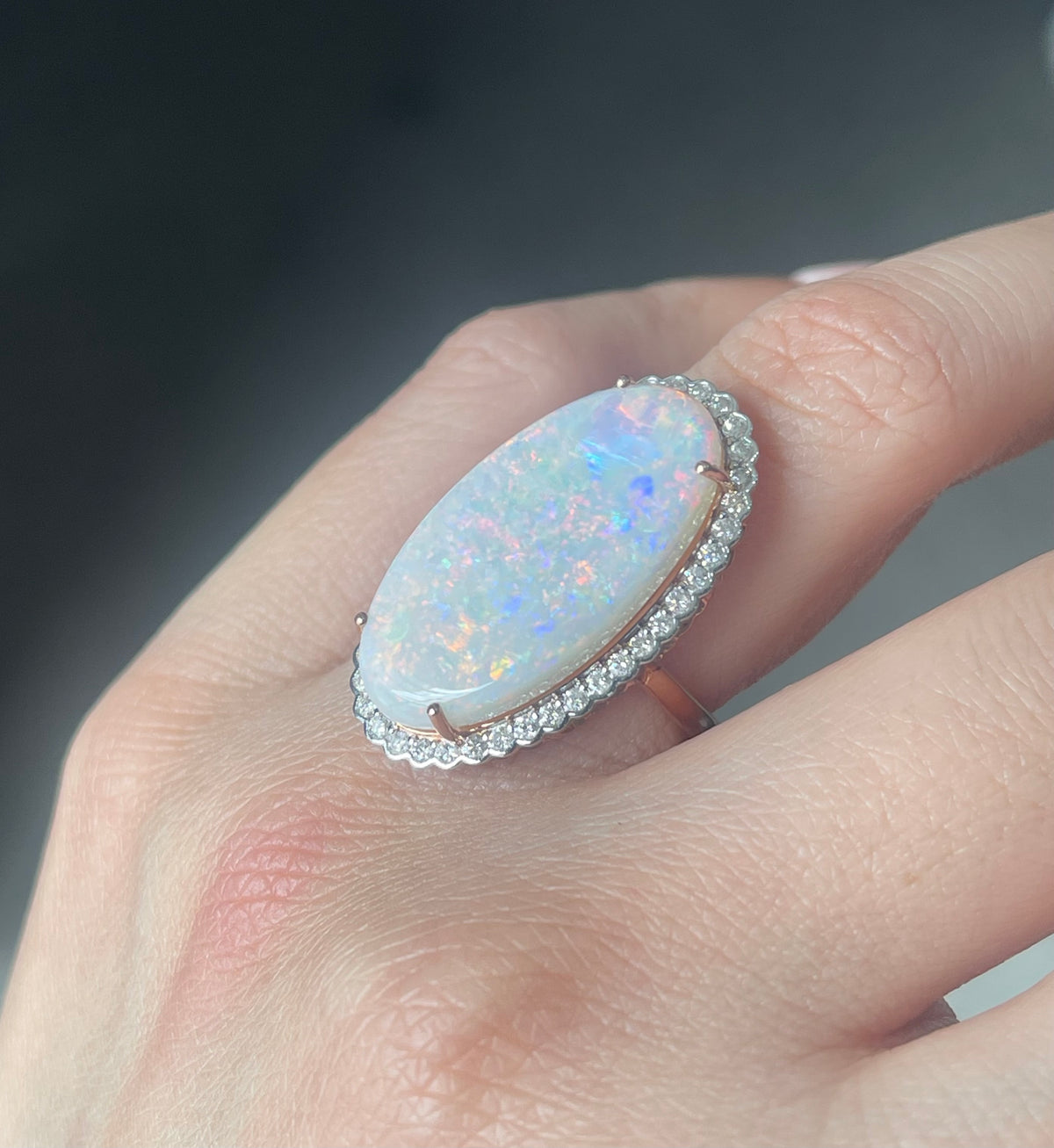 12.87ct Natural Solid Australian Opal Diamond Ring in 14ct Rose Gold