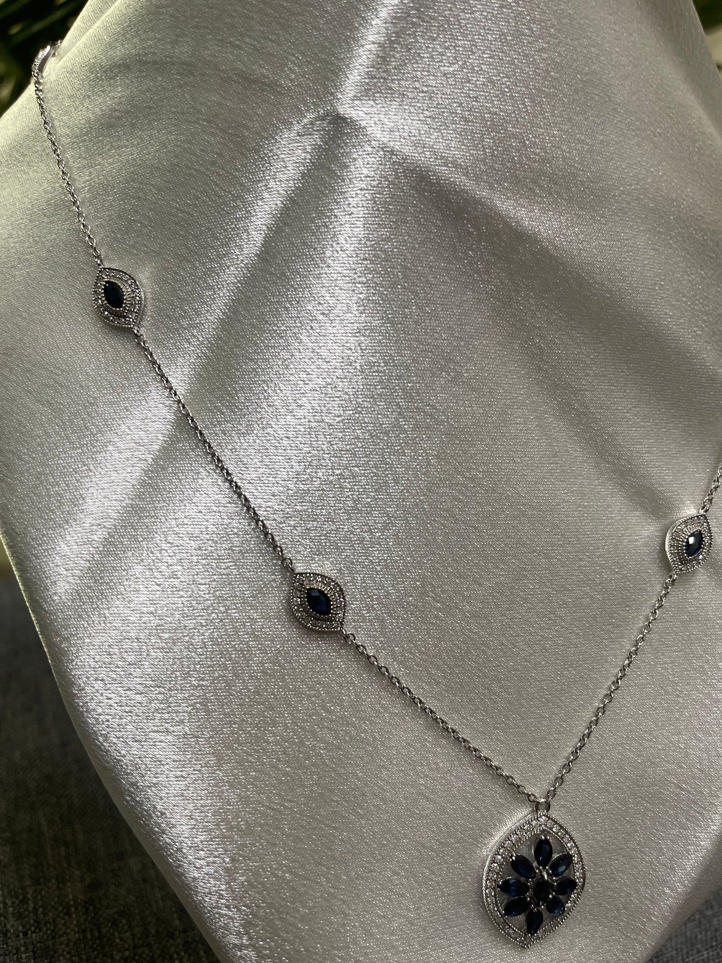 Natural Sapphire & Diamond Necklace  In 14ct White Gold