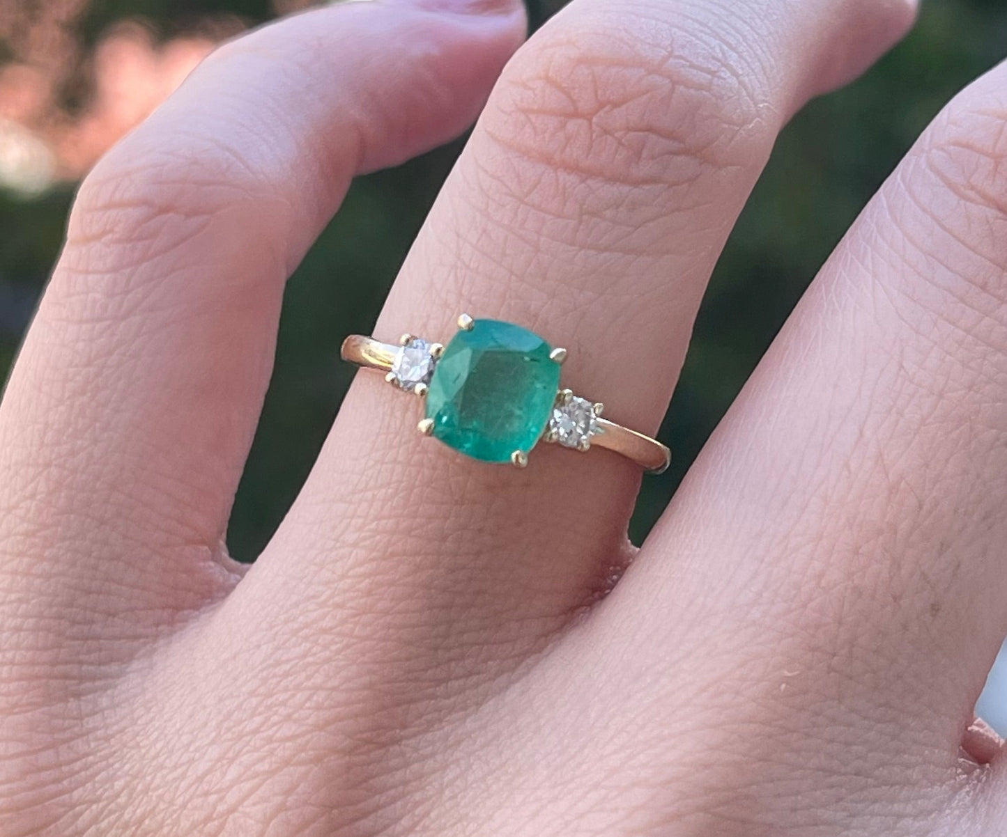 9ct yellow gold 1.5ct natural emerald with diamond 3 stone trilogy ring