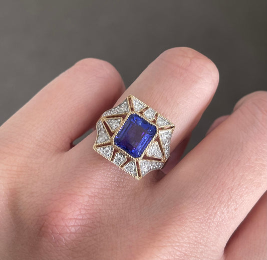 Imperial Art Deco Style Natural Tanzanite Diamond Ring In 14ct Yellow Gold