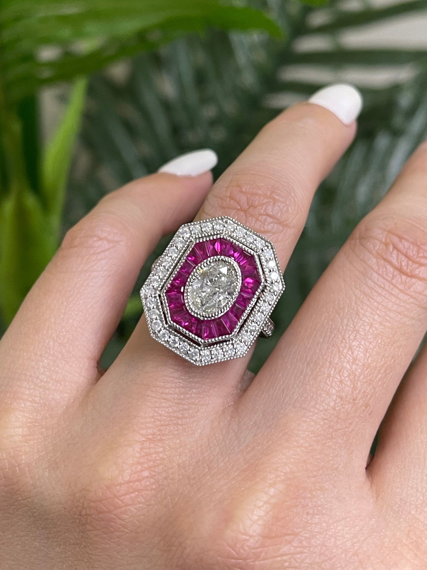 Art Deco Inspired Natural Ruby & Diamond Ring In 14ct White Gold