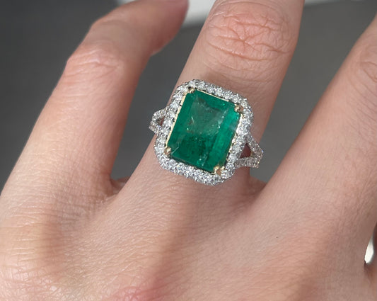4.21ct Natural Emerald Diamond Halo Ring In 14ct Yellow Gold
