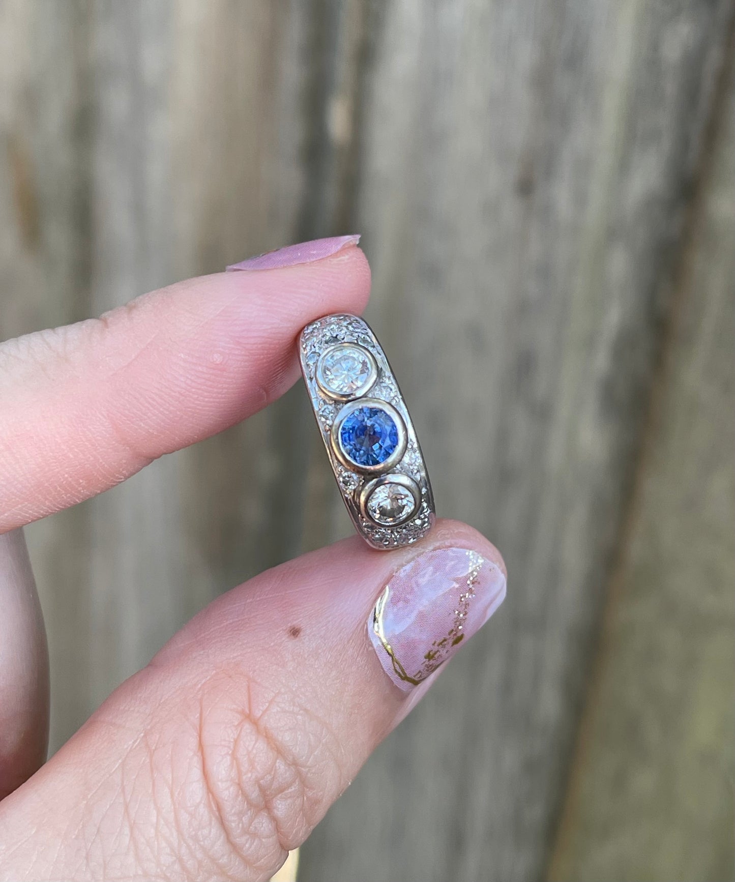 Vintage Natural Ceylon Sapphire Diamond Trilogy Ring In 18ct White Gold