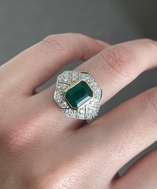 Art Deco Style Natural Emerald Diamond Ring In 14ct Yellow Gold