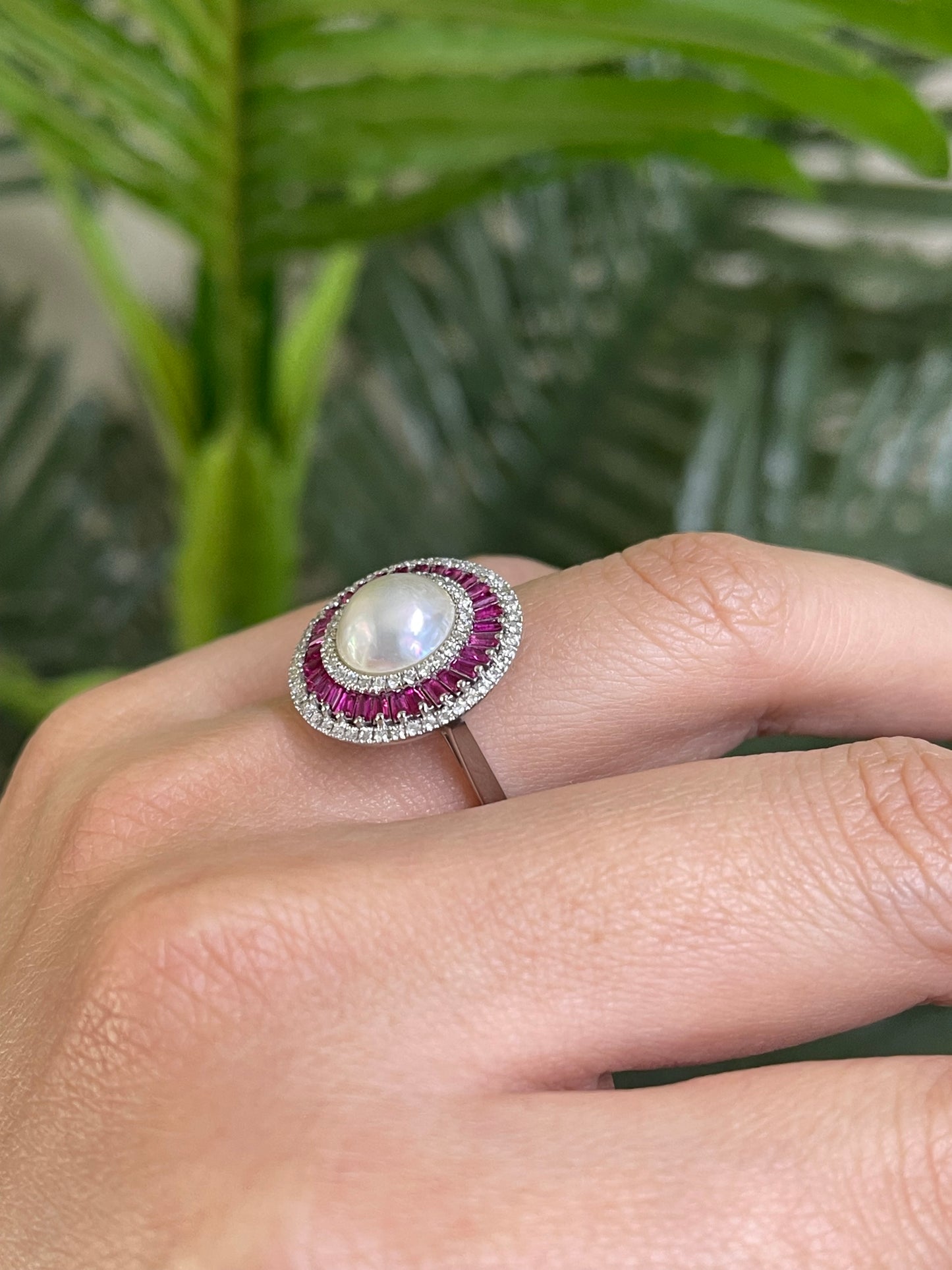 Art Deco Inspired Mabe Pearl Ruby Diamond Ring In 14ct White Gold