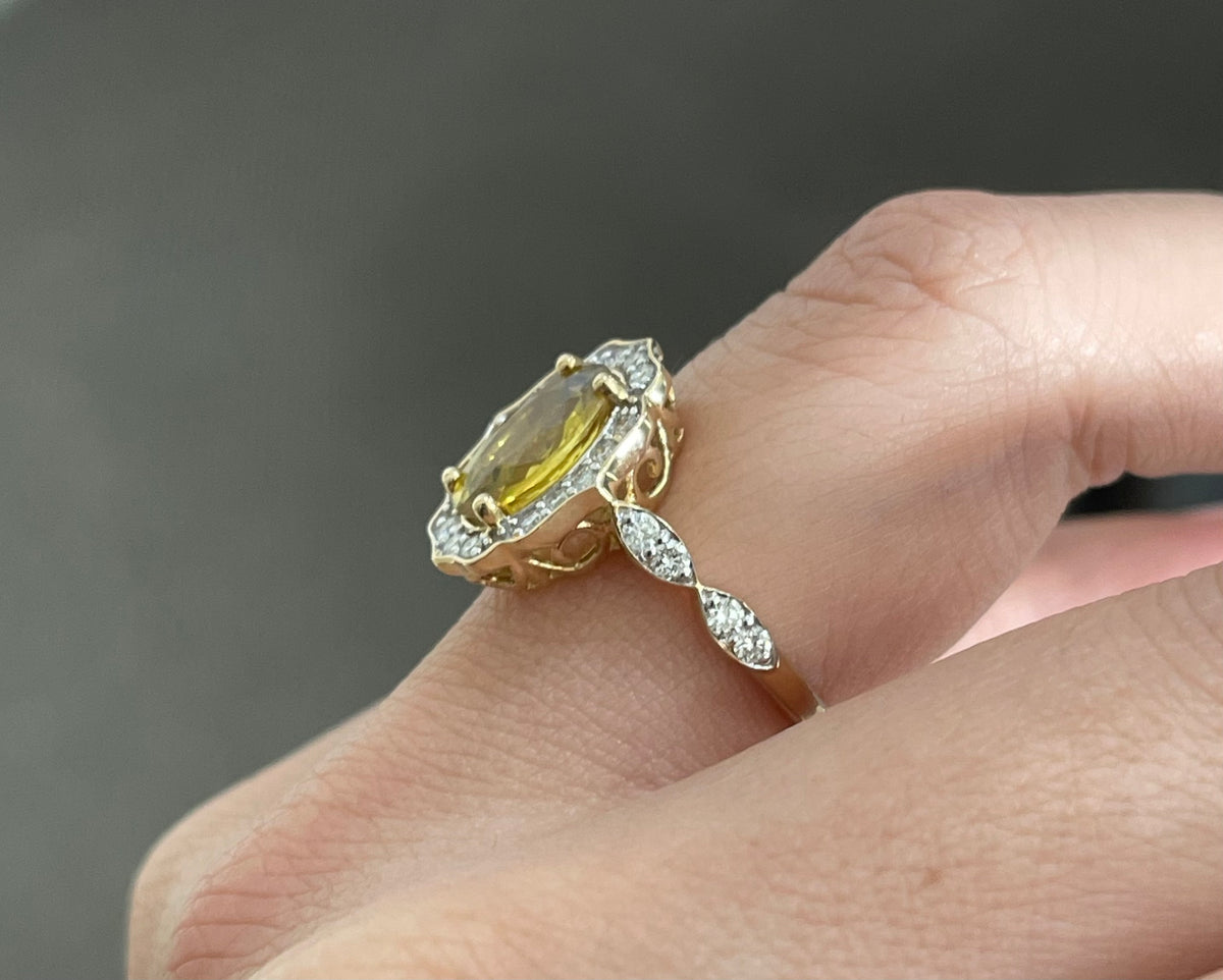 Vintage Style Natural Yellow Sapphire Diamond Ring In 14ct Yellow Gold