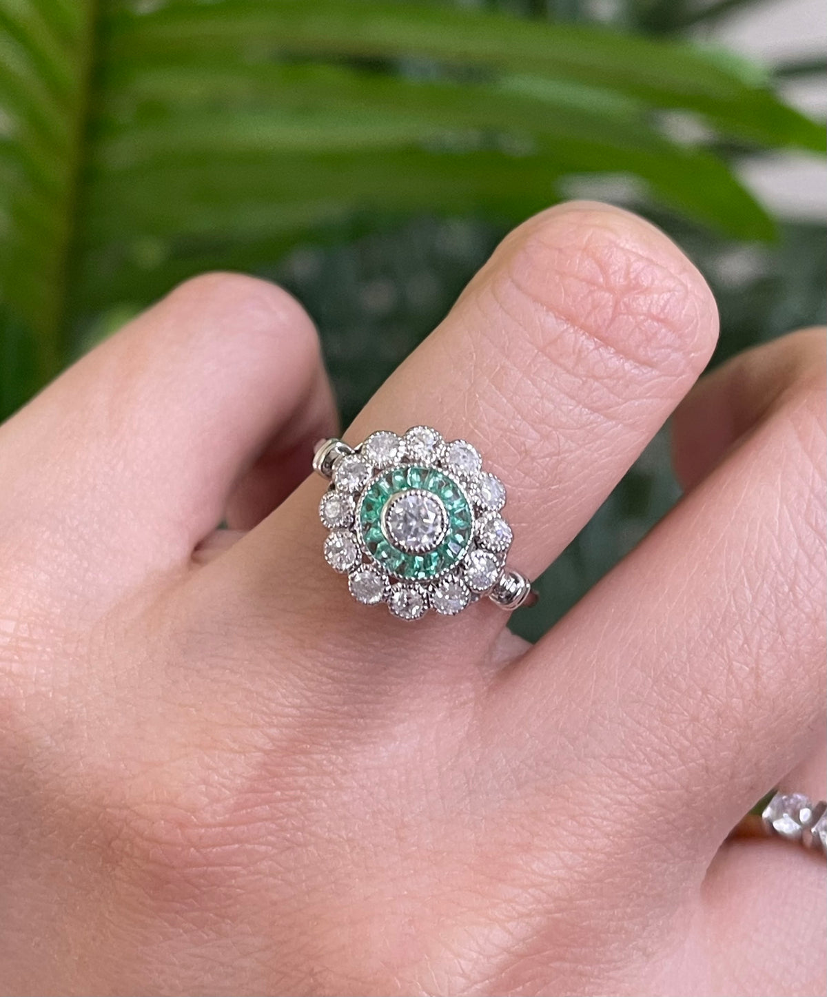 Art Deco Inspired Natural Diamond & Emerald Ring In 14ct White Gold