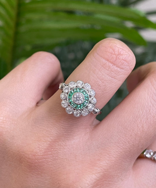 Art Deco Inspired Natural Diamond & Emerald Ring In 14ct White Gold