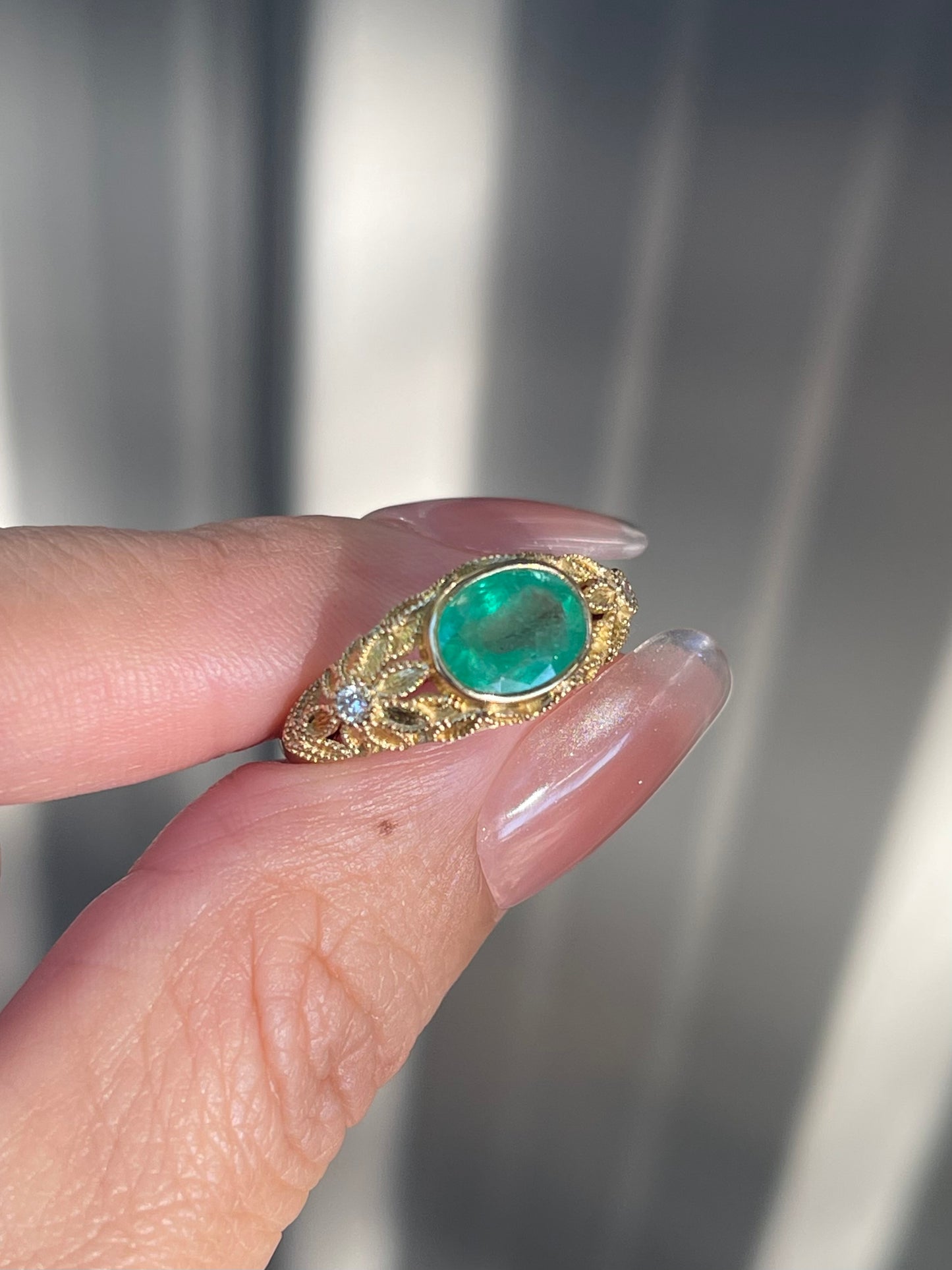 Victorian Inspired 1.35ct Emerald Filigree Ring with diamonds In 9ct Yellow Gold
