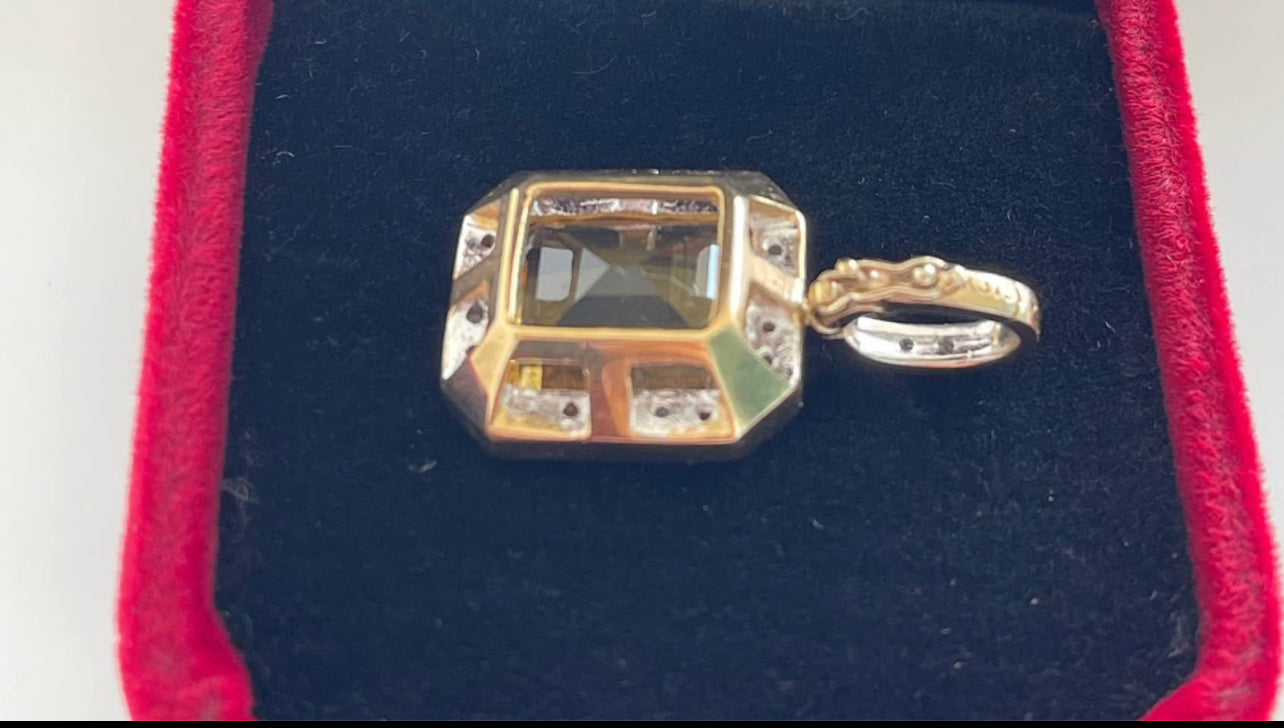 Art deco inspired 9ct yellow gold 4.35ct natural citrine diamond halo pendant