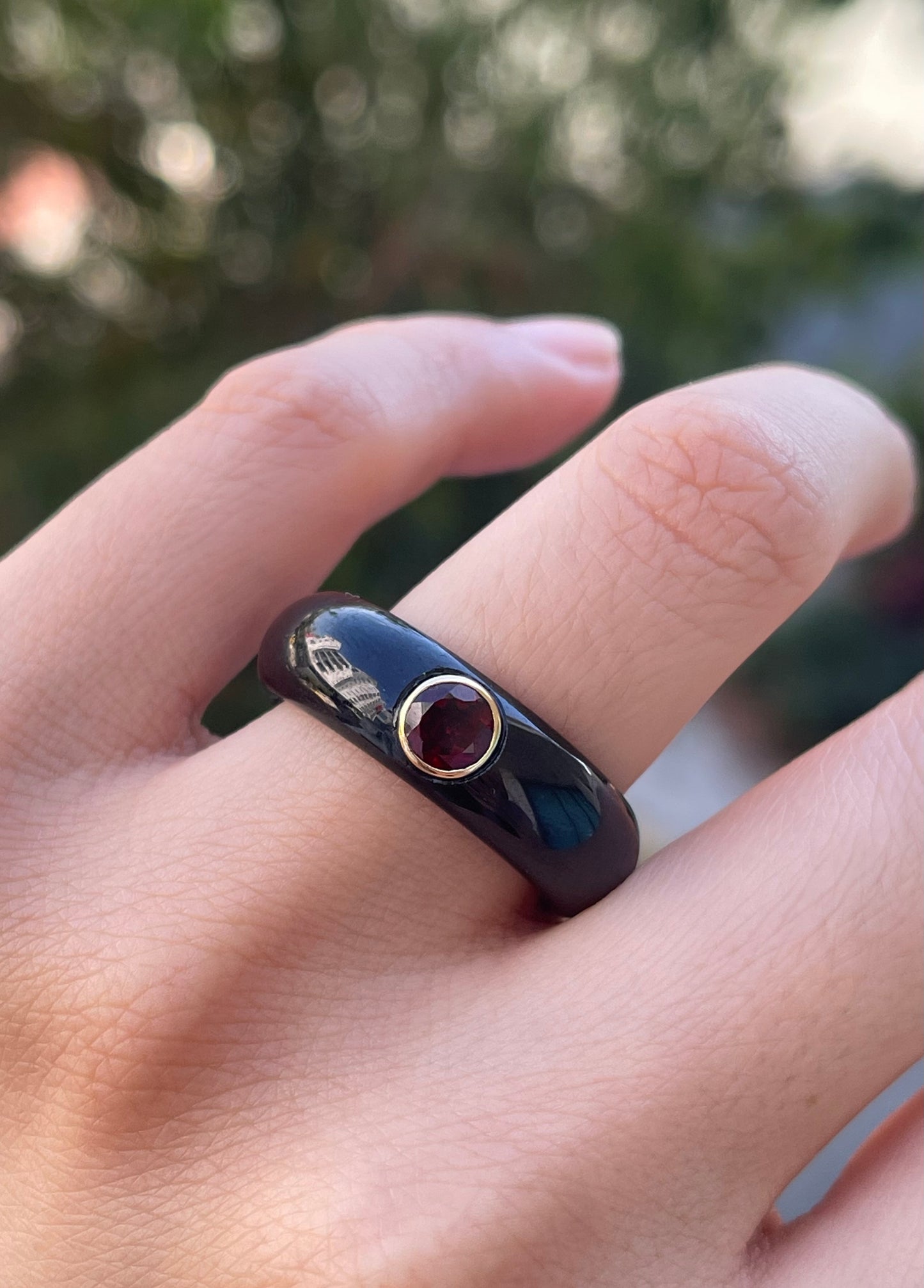 S.E. custom Natural black jade ring with earthy red garnet in 9ct yellow gold