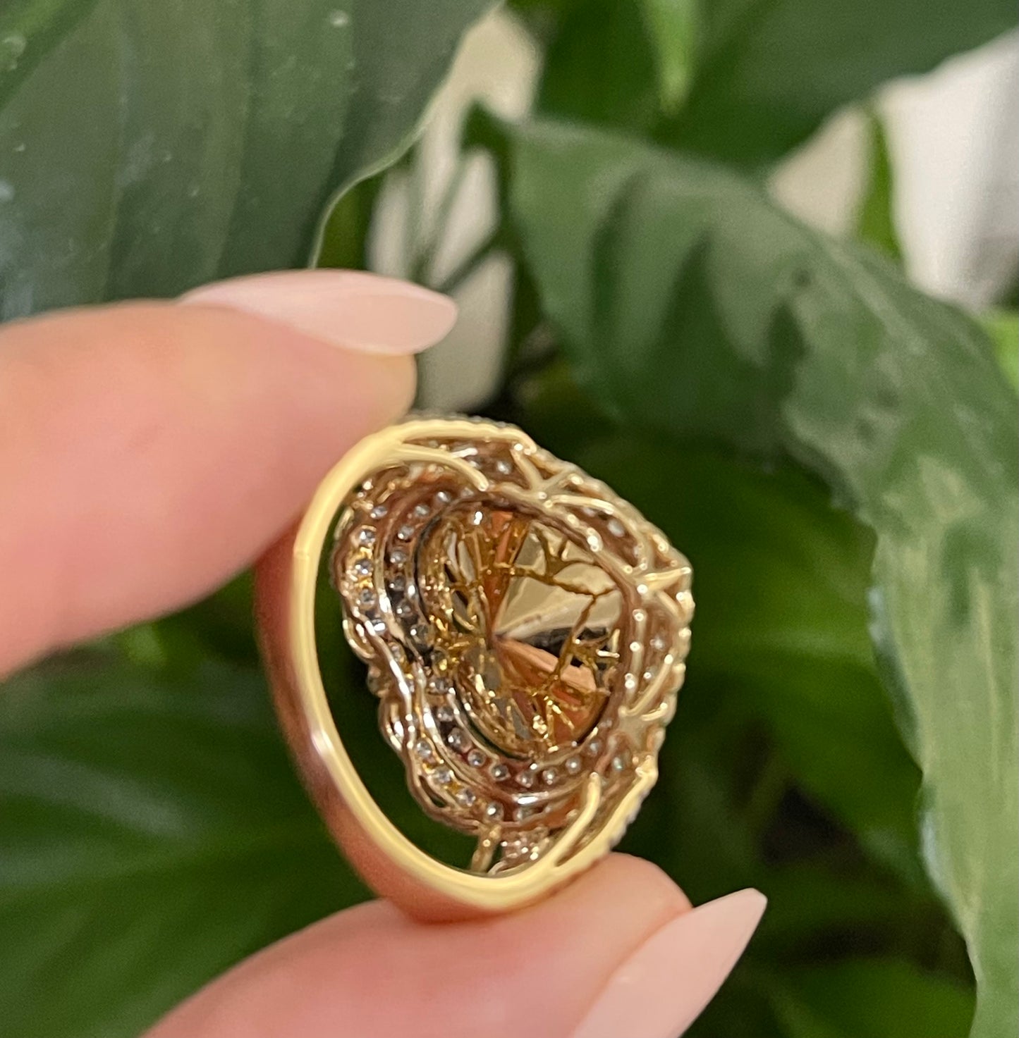 Luxury 4.7ct Natural Heart Emerald Double Diamond Halo Ring In 14ct Yellow Gold