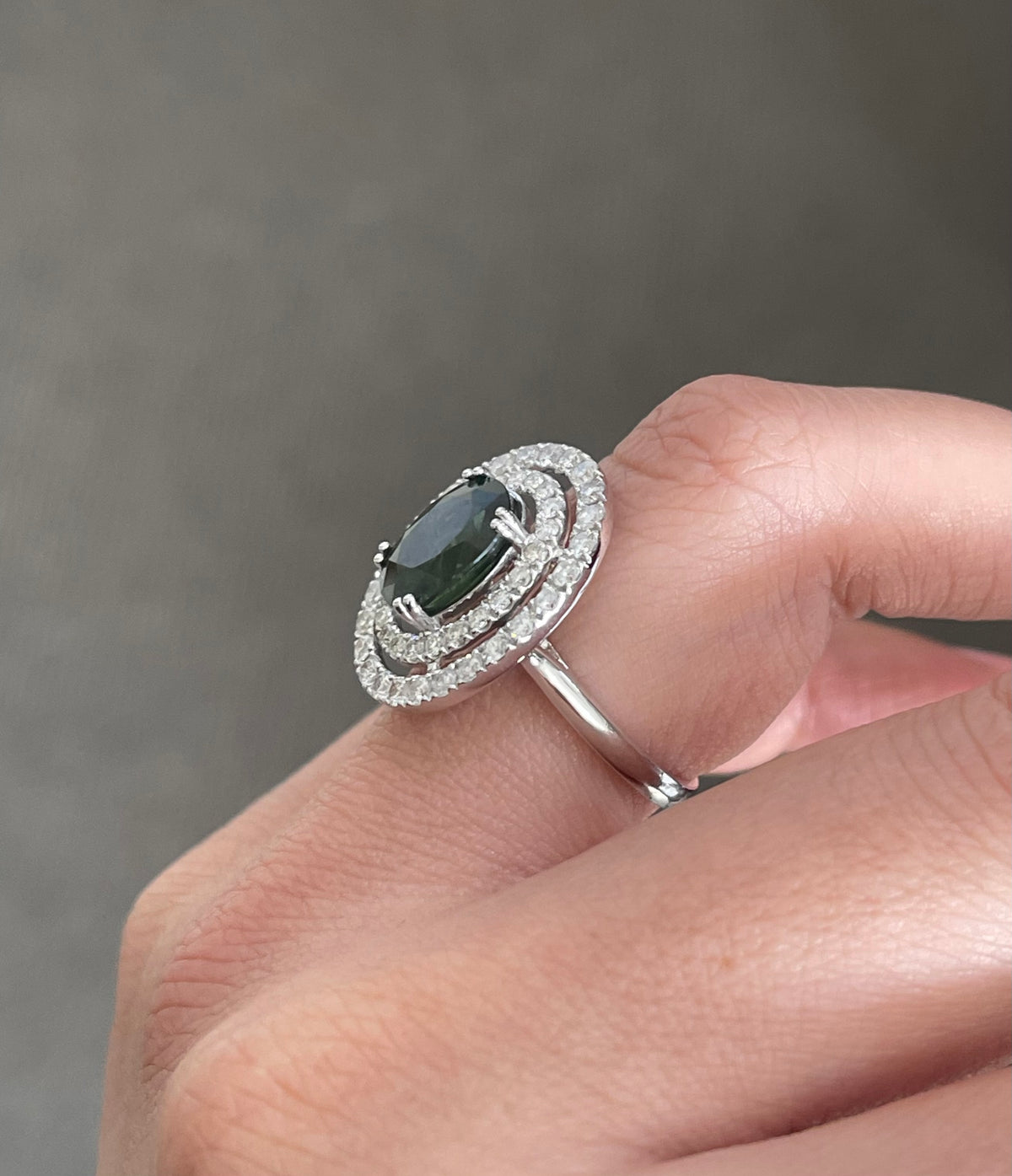 Natural Green Sapphire Diamond Halo Ring In 14ct White Gold