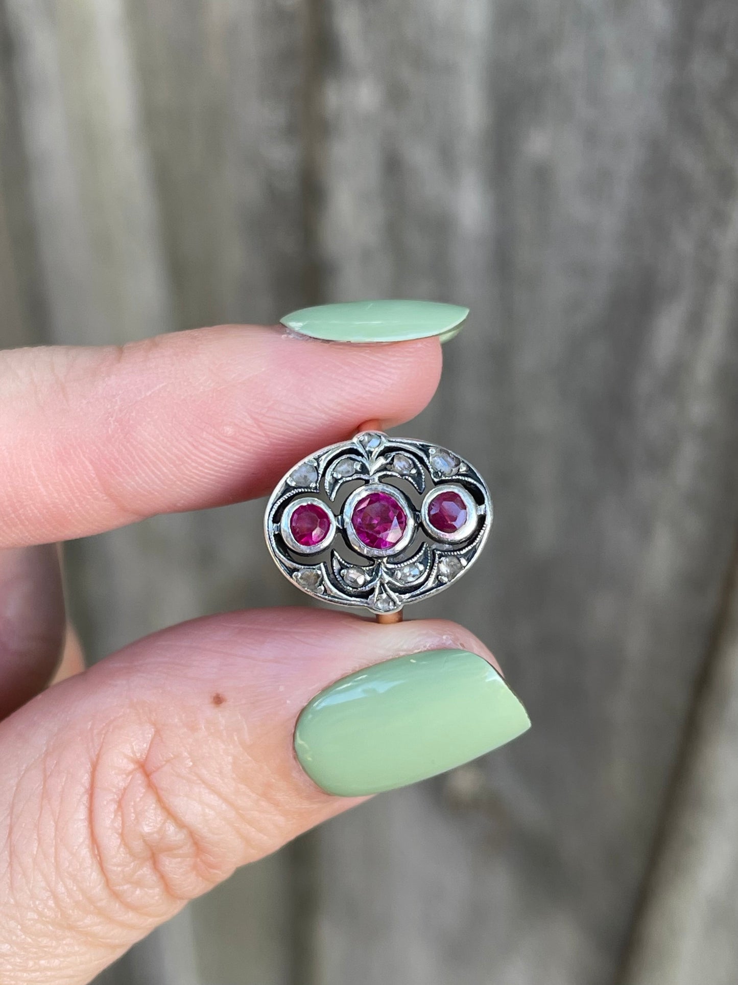 European Antique Art Deco Ruby & Rose Cut Diamond Ring In 13ct Rose Gold & White Gold