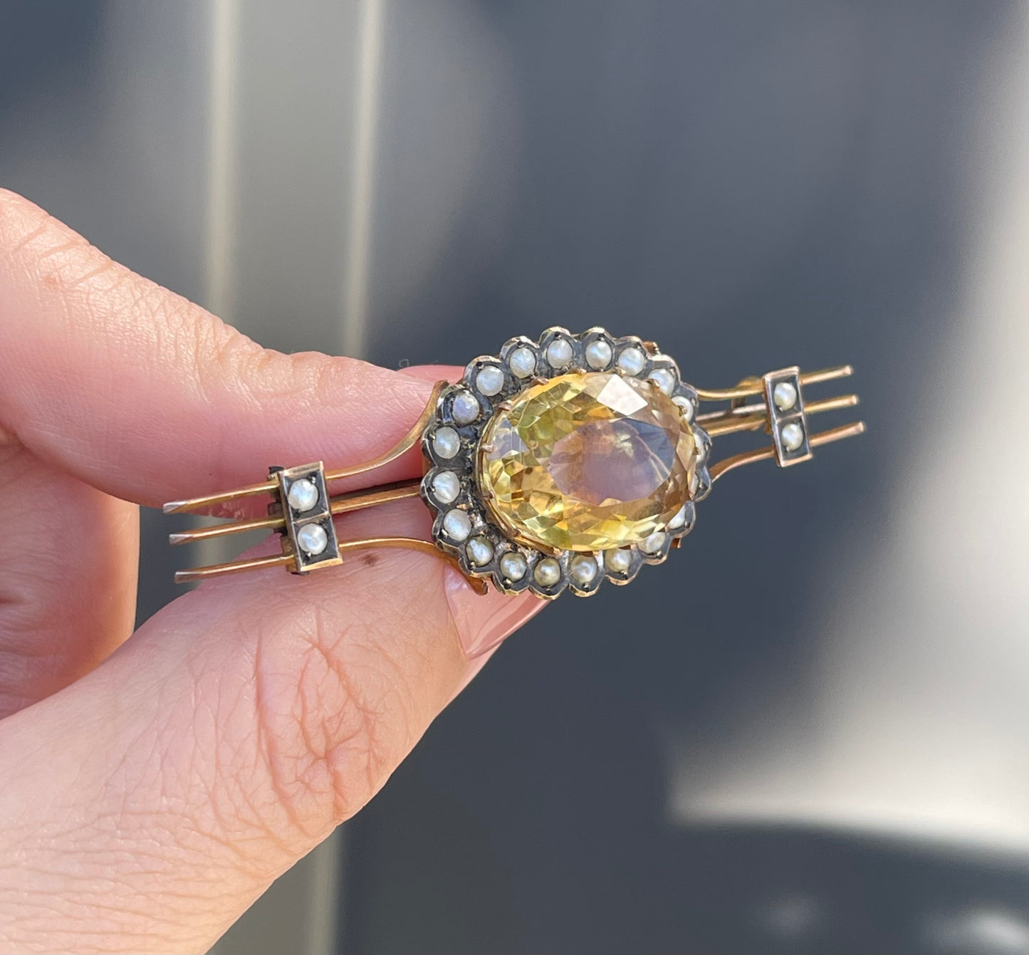 Antique Edwardian Citrine Seed Pearl Brooch In 9ct Yellow Gold