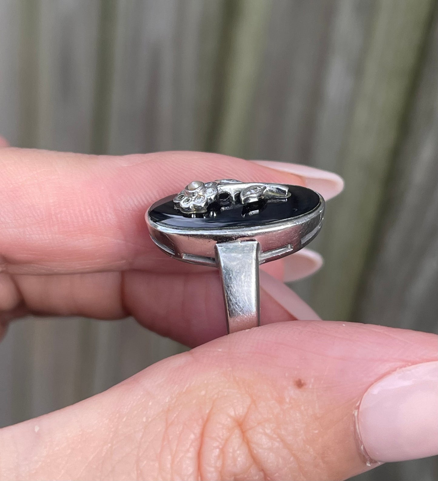 Eternal Bloom – Floral Diamond, Seed Pearl & Black Onyx Ring in 14ct White Gold