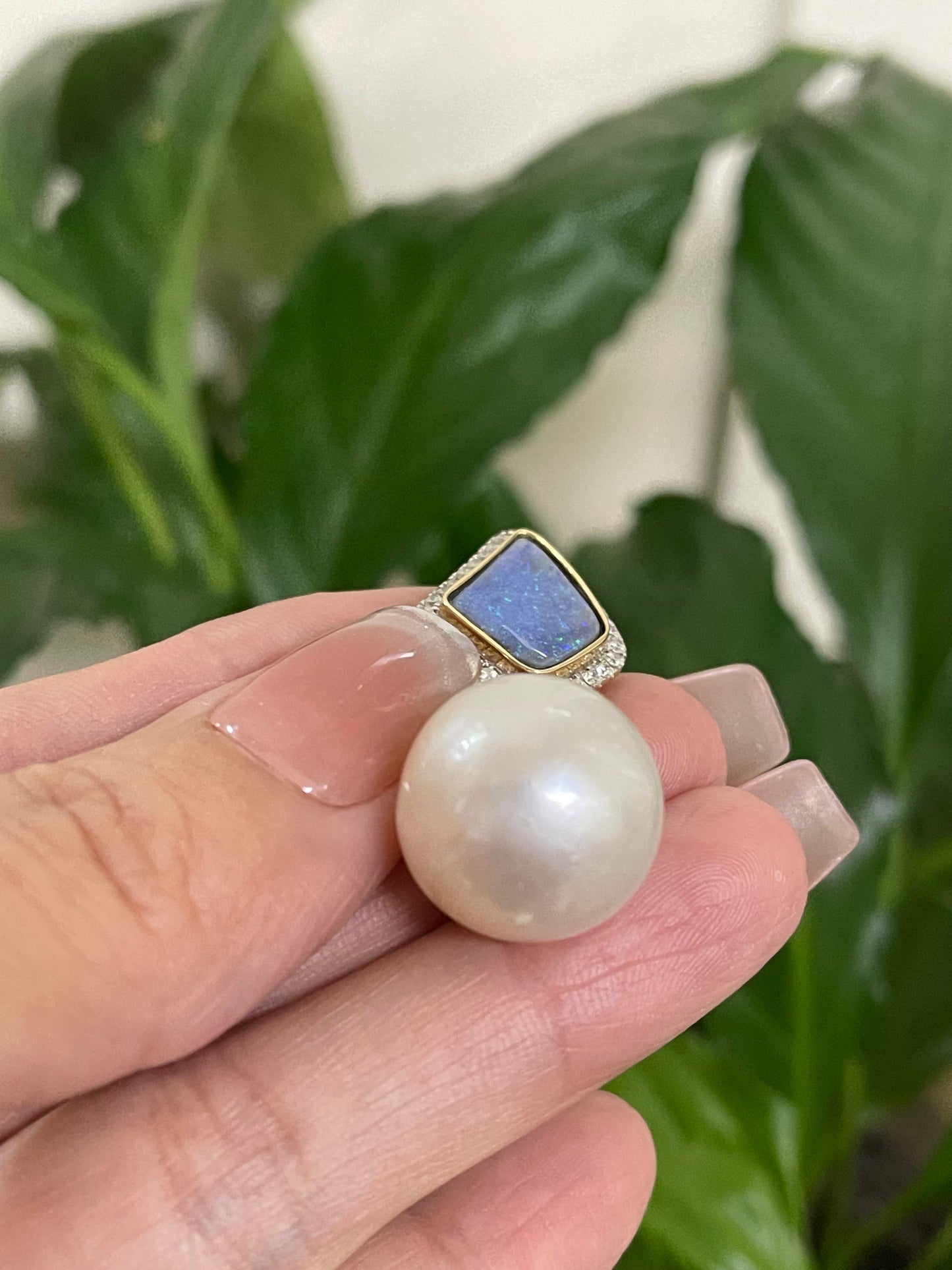 Sea & Sky – Australian Opal & South Sea Pearl Pendant In 14ct Yellow Gold
