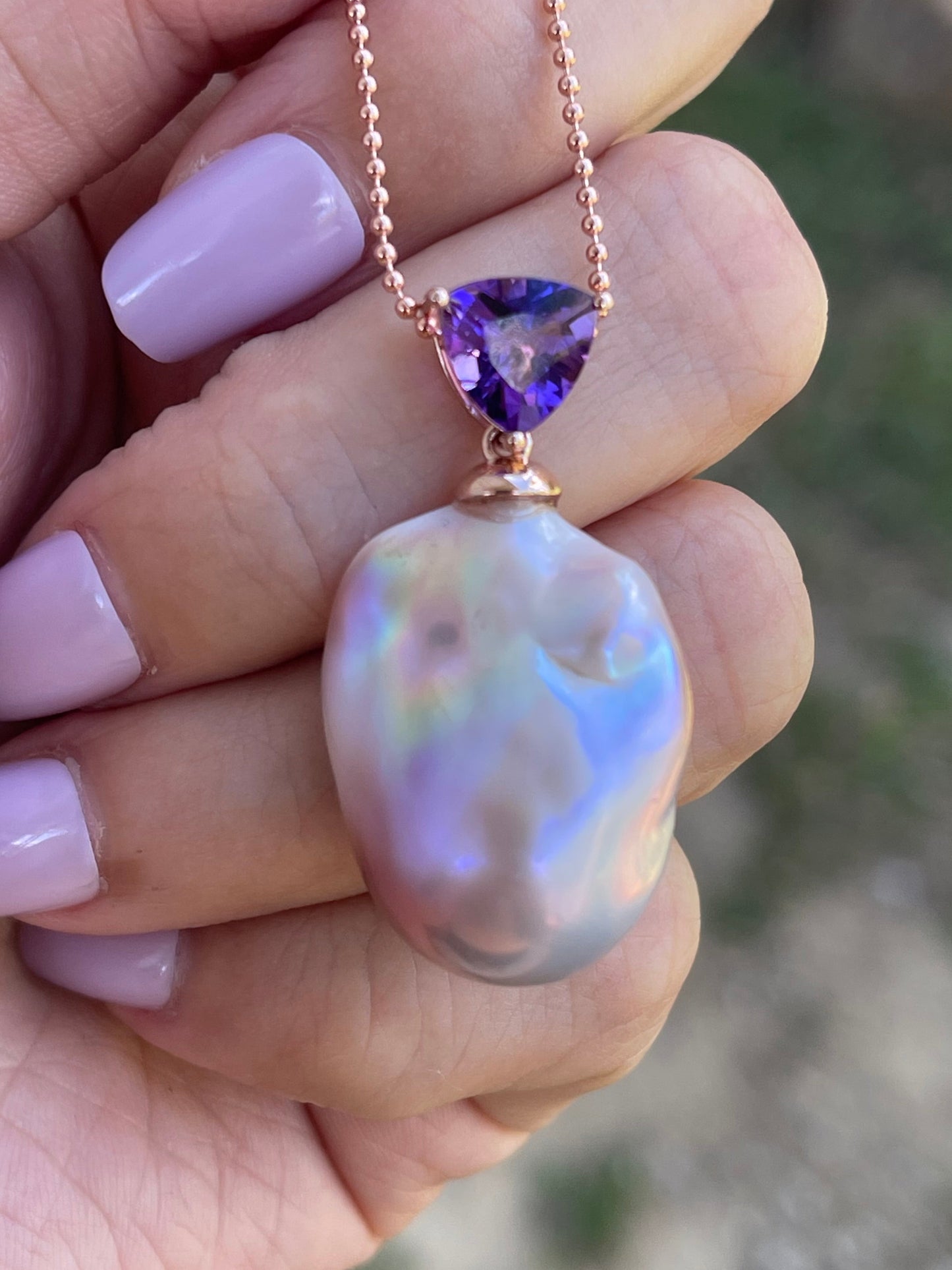 Statement Lavender Baroque Pearl Pendant & Amethyst in 9ct Rose Gold