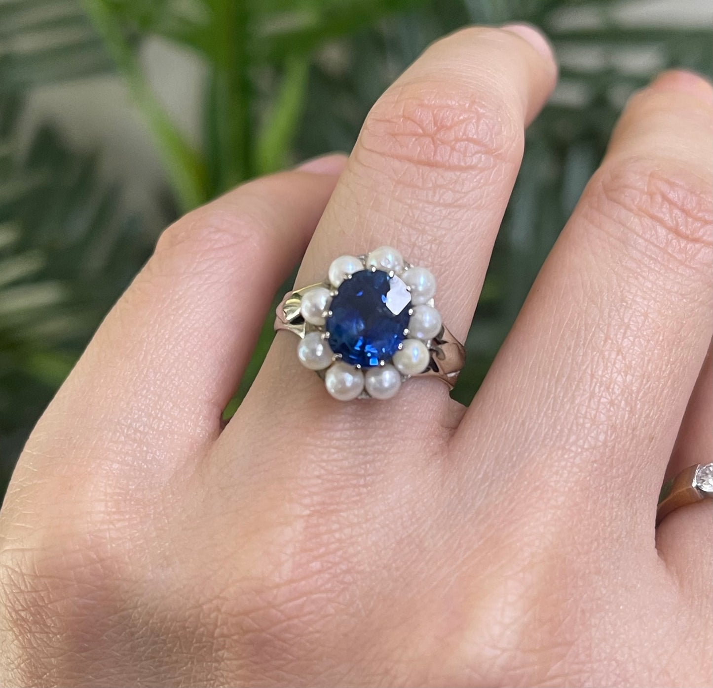 Vintage 2.21ct Natural Ceylon Sapphire & Natural Pearl Halo Ring In 18ct White Gold