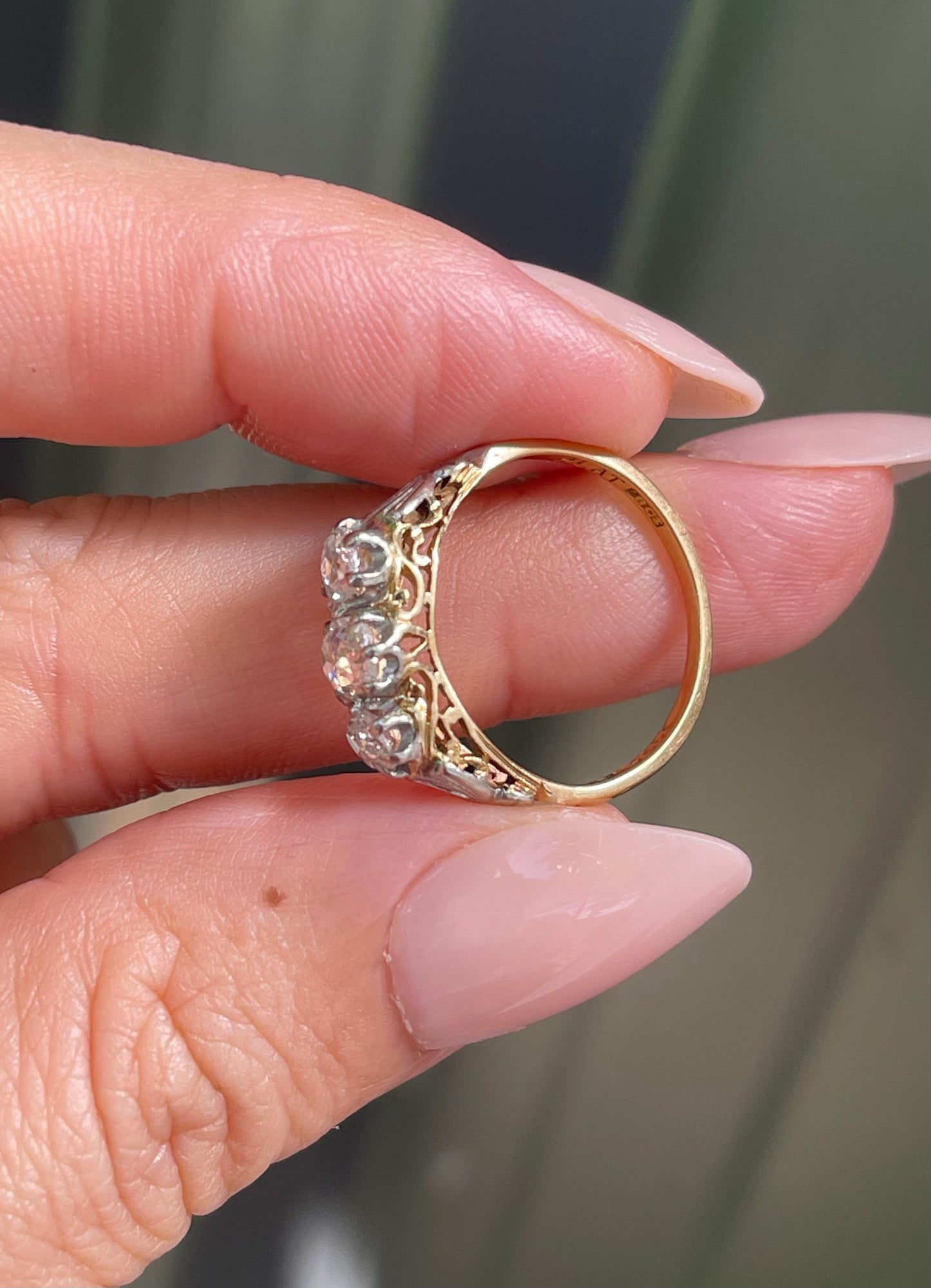 Antique 1ct Old Cut Diamond Trilogy Ring In 18ct Yellow Gold & Platinum Mount
