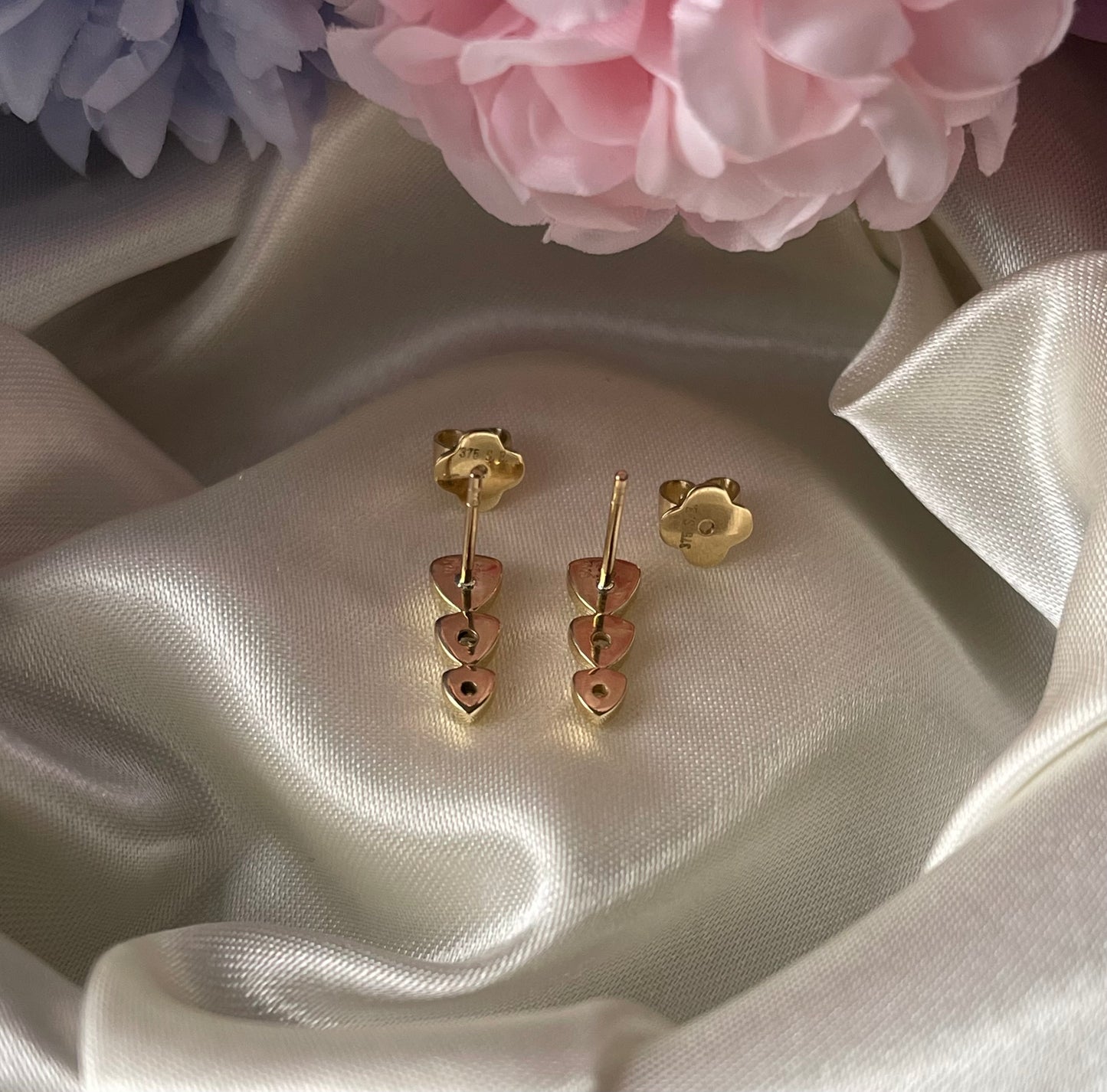 3 Diamond Drop Studs In 9ct Yellow Gold