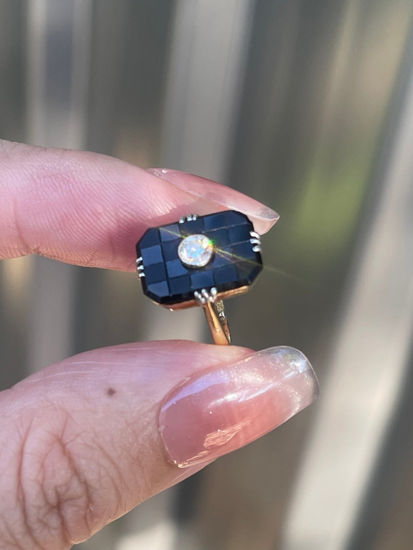 Antique Art Deco Checkerboard Cut Onyx Diamond Ring In 18ct Yellow Gold