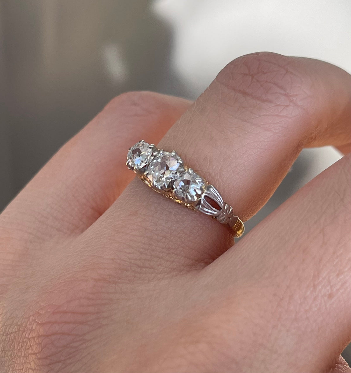Antique 1ct Old Cut Diamond Trilogy Ring In 18ct Yellow Gold & Platinum Mount