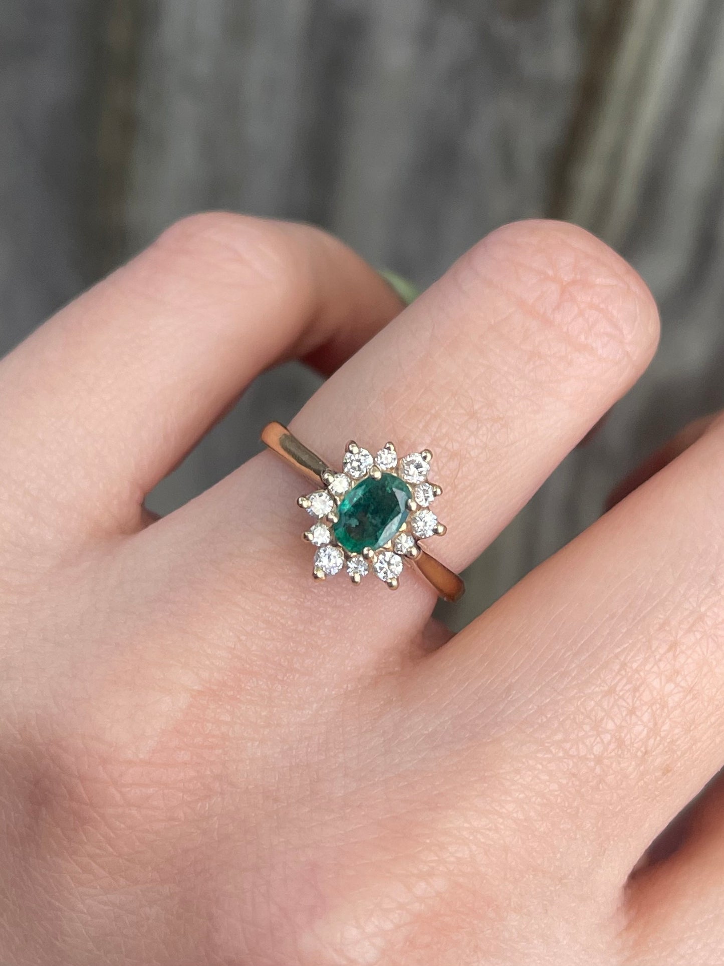Vintage Natural Emerald Diamond Halo Ring in 14ct Yellow Gold