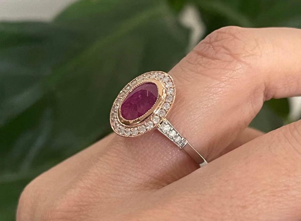 2.2ct Natural Ruby Diamond Halo Ring In 14ct White & Rose Gold