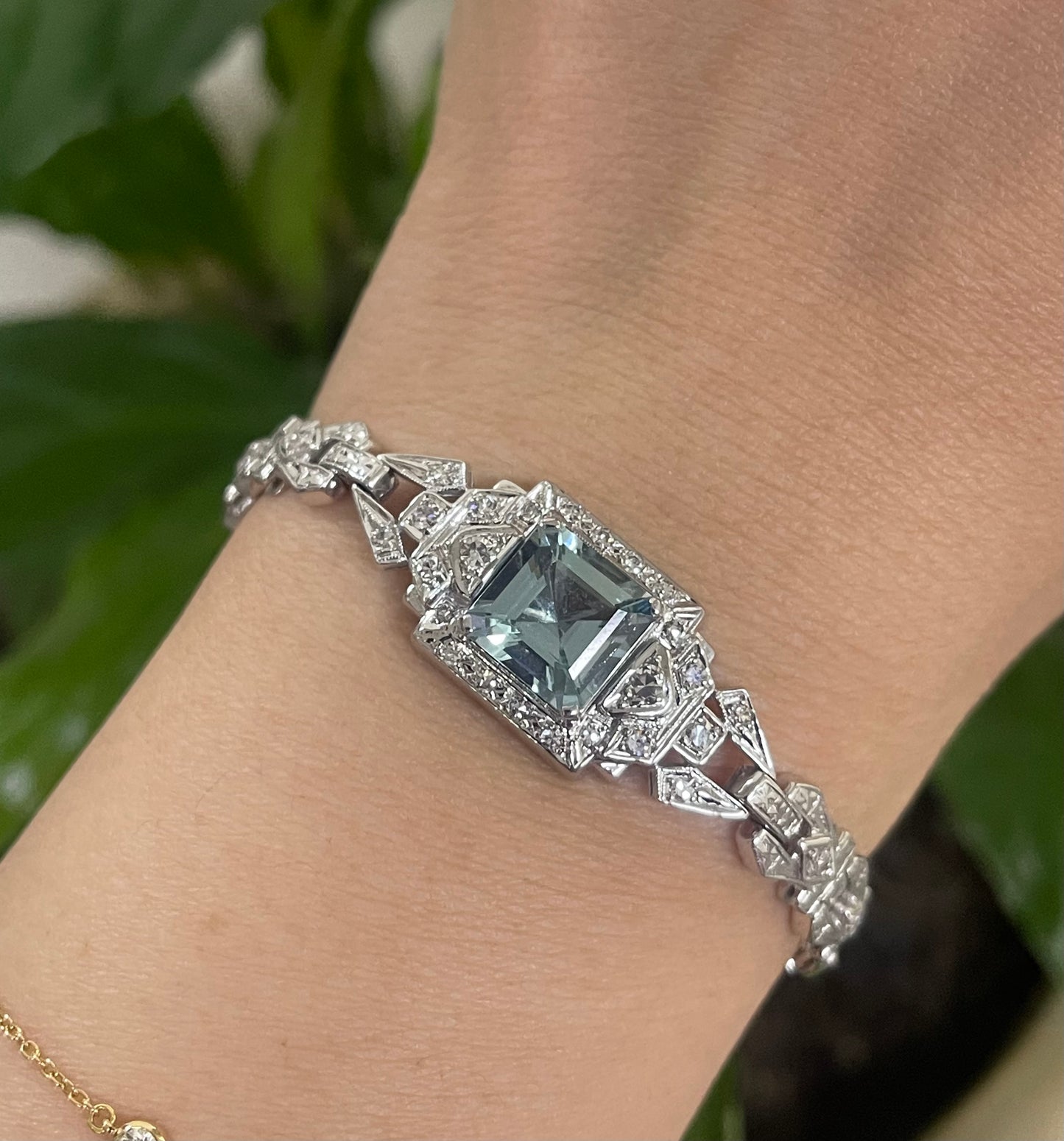 One Of A Kind Antique Conversion 3.75ct Natural aquamarine Diamond Bracelet In 14ct White Gold