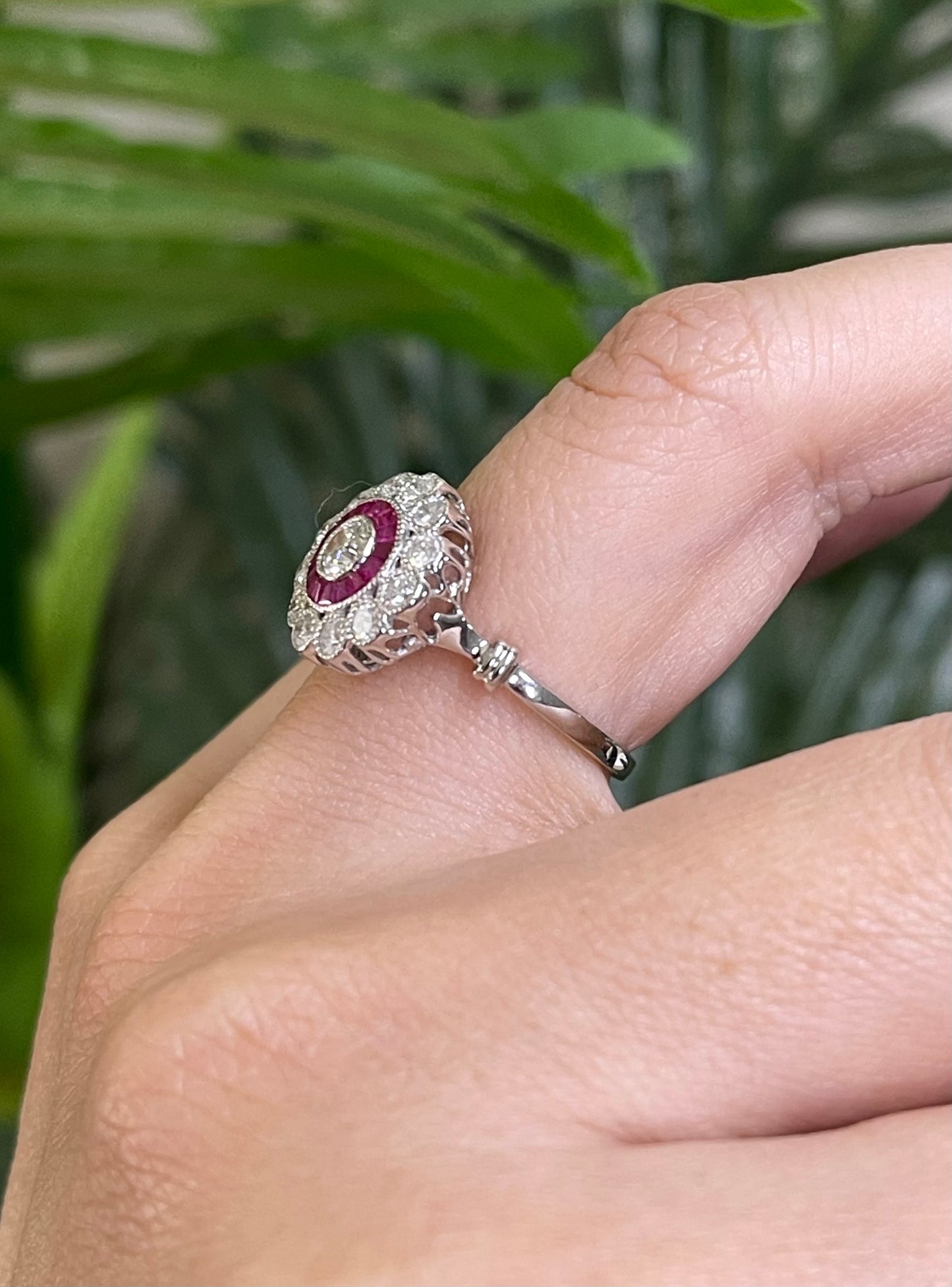 Art Deco Inspired Old Cut Damond & Ruby Ring In 14ct White Gold