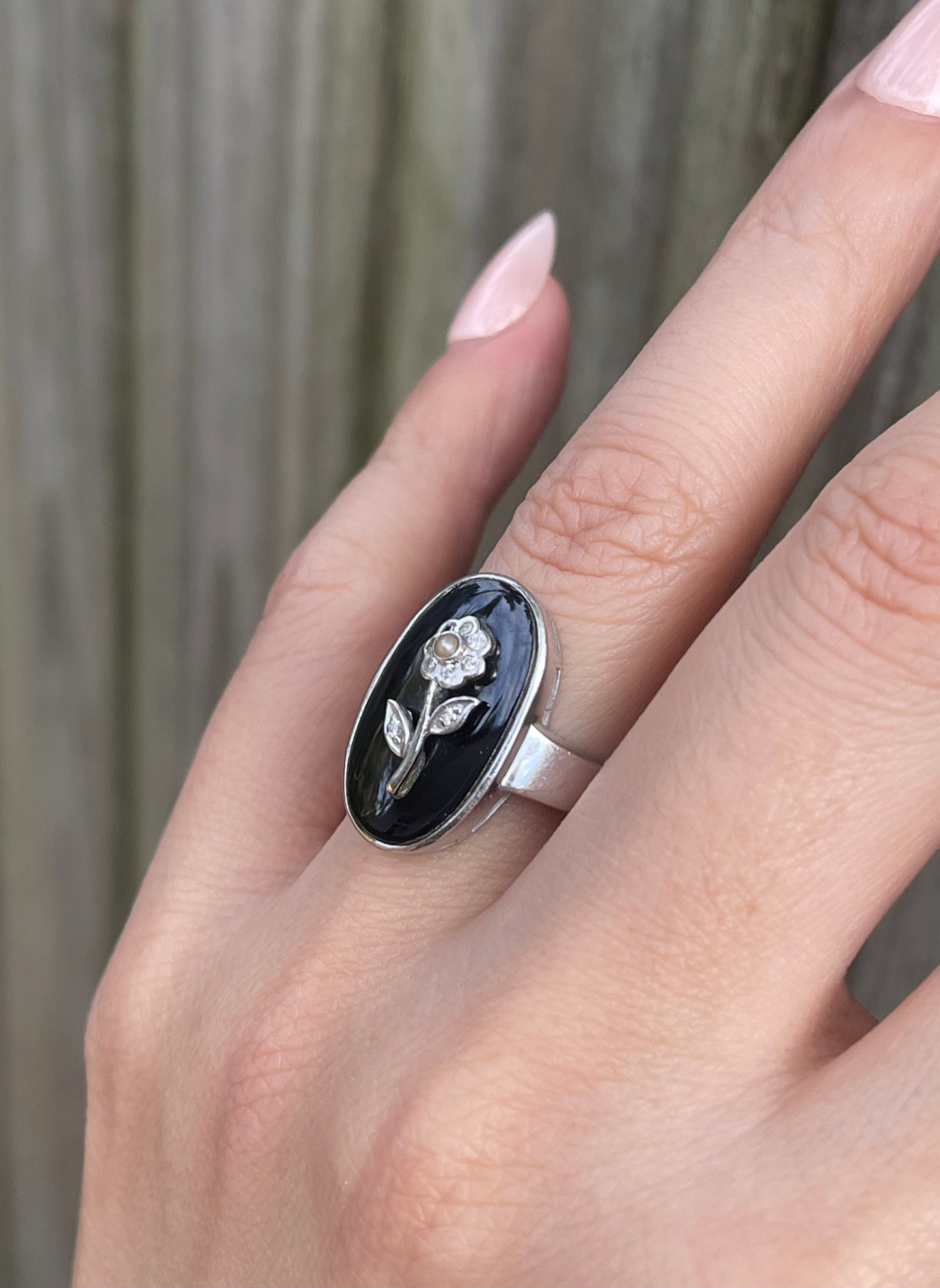 Eternal Bloom – Floral Diamond, Seed Pearl & Black Onyx Ring in 14ct White Gold