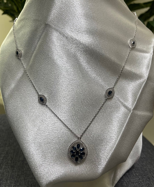 Natural Sapphire & Diamond Necklace  In 14ct White Gold