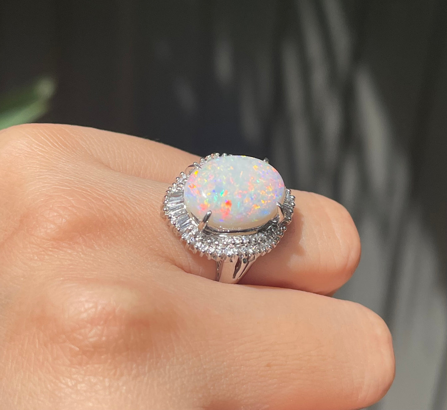 6.5ct Australian Solid Opal & Diamond Ring in 900 Platinum – Rare Harlequin Pattern with Fiery Red Flash
