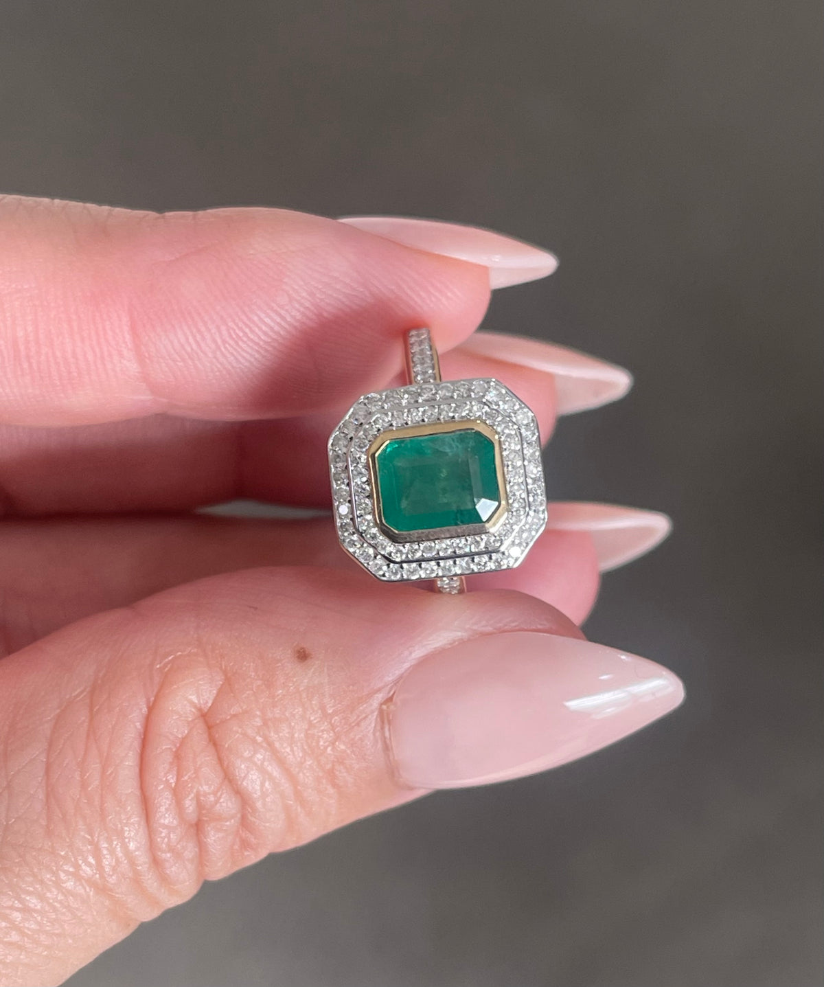 Classic Natural Emerald Diamond Double Halo Ring In 14ct Yellow White Gold
