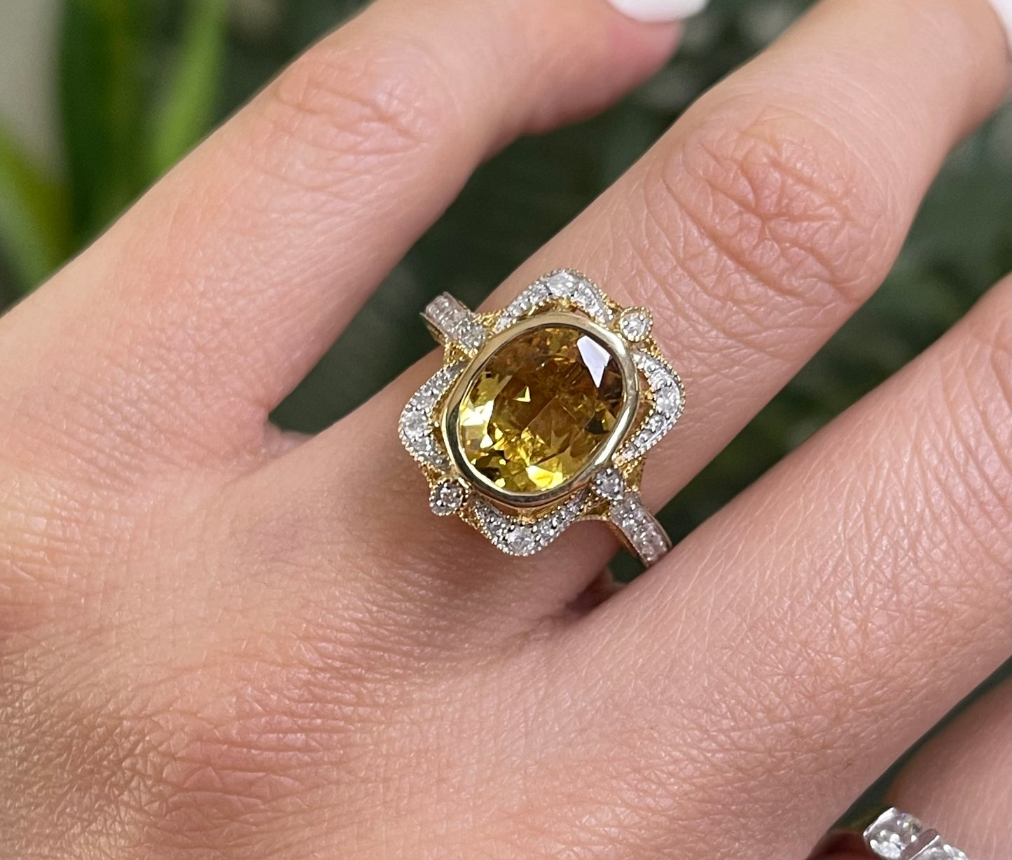 Art Deco Style Natural Heliodor Diamond Ring In 14ct Yellow Gold