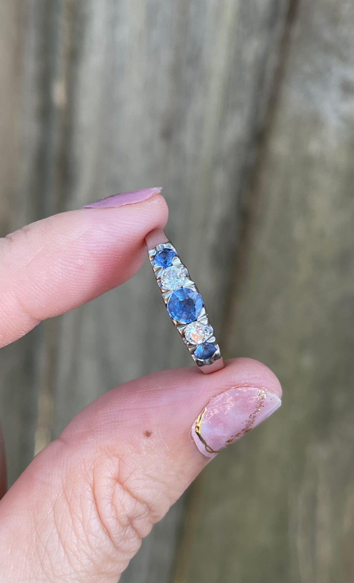 Vintage Natural Ceylon Sapphire Diamond 5 Stone Ring In 18ct White Gold