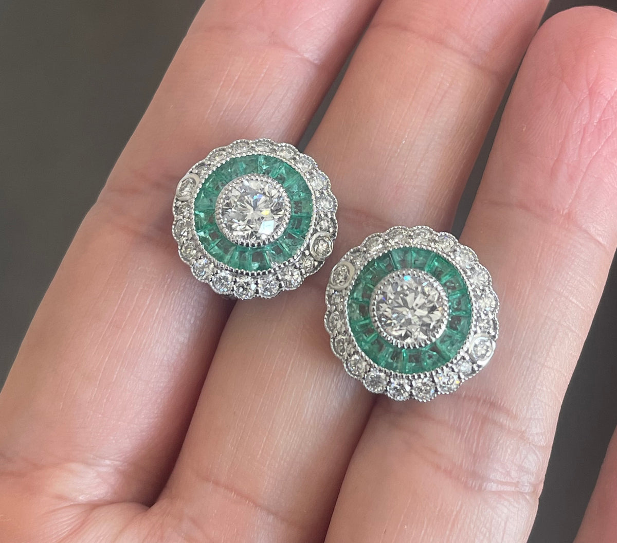 Art Deco Style Natural Diamond Emerald Earrings In 14ct White Gold