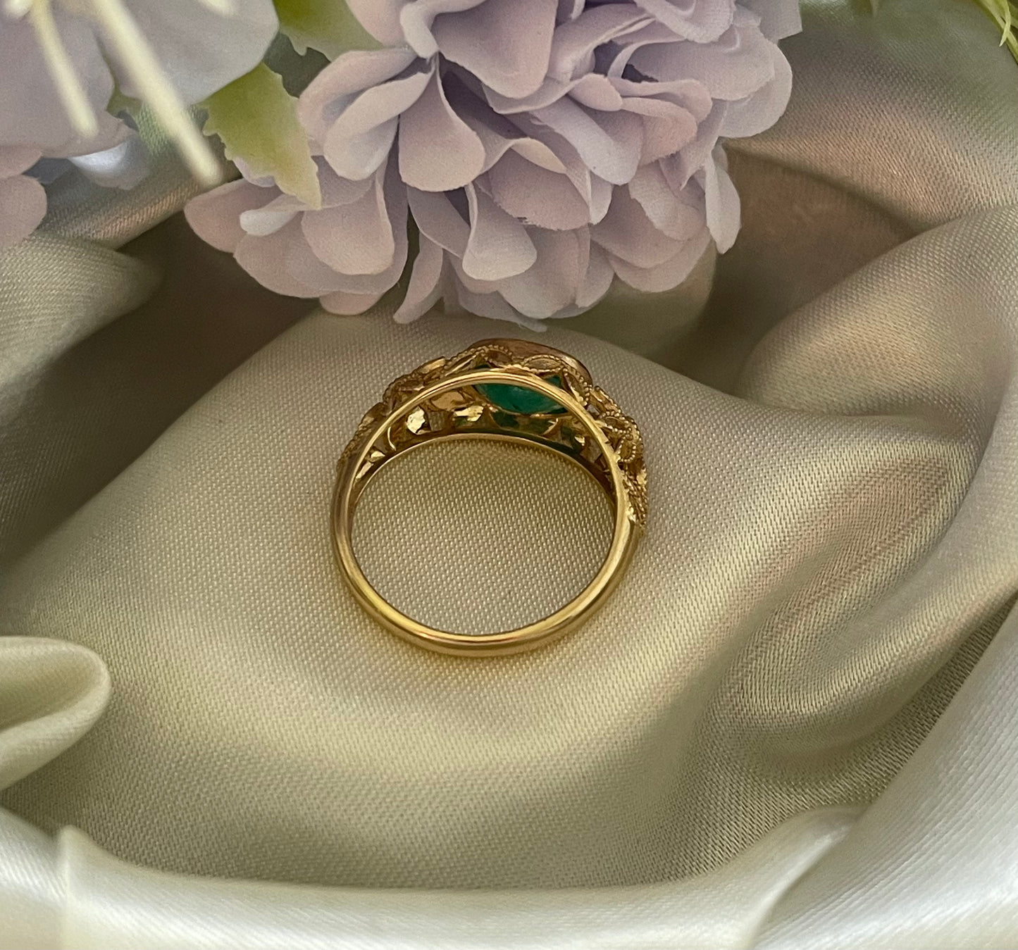 Victorian Inspired 1.35ct Emerald Filigree Ring with diamonds In 9ct Yellow Gold