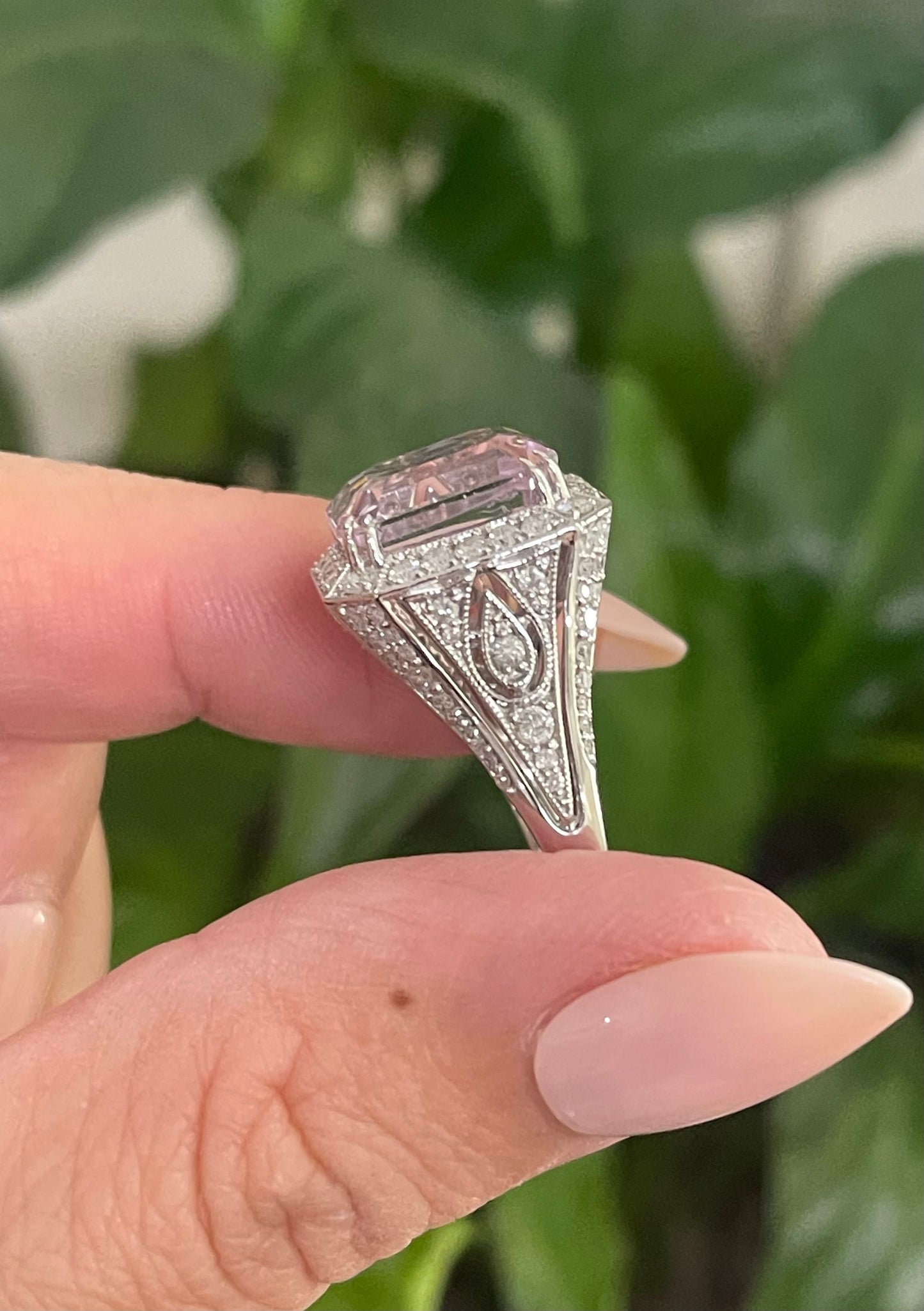 Art Deco Style 7.71ct Natural Kunzanite 1.25ct Natural Diamond Ring In 14ct White Gold