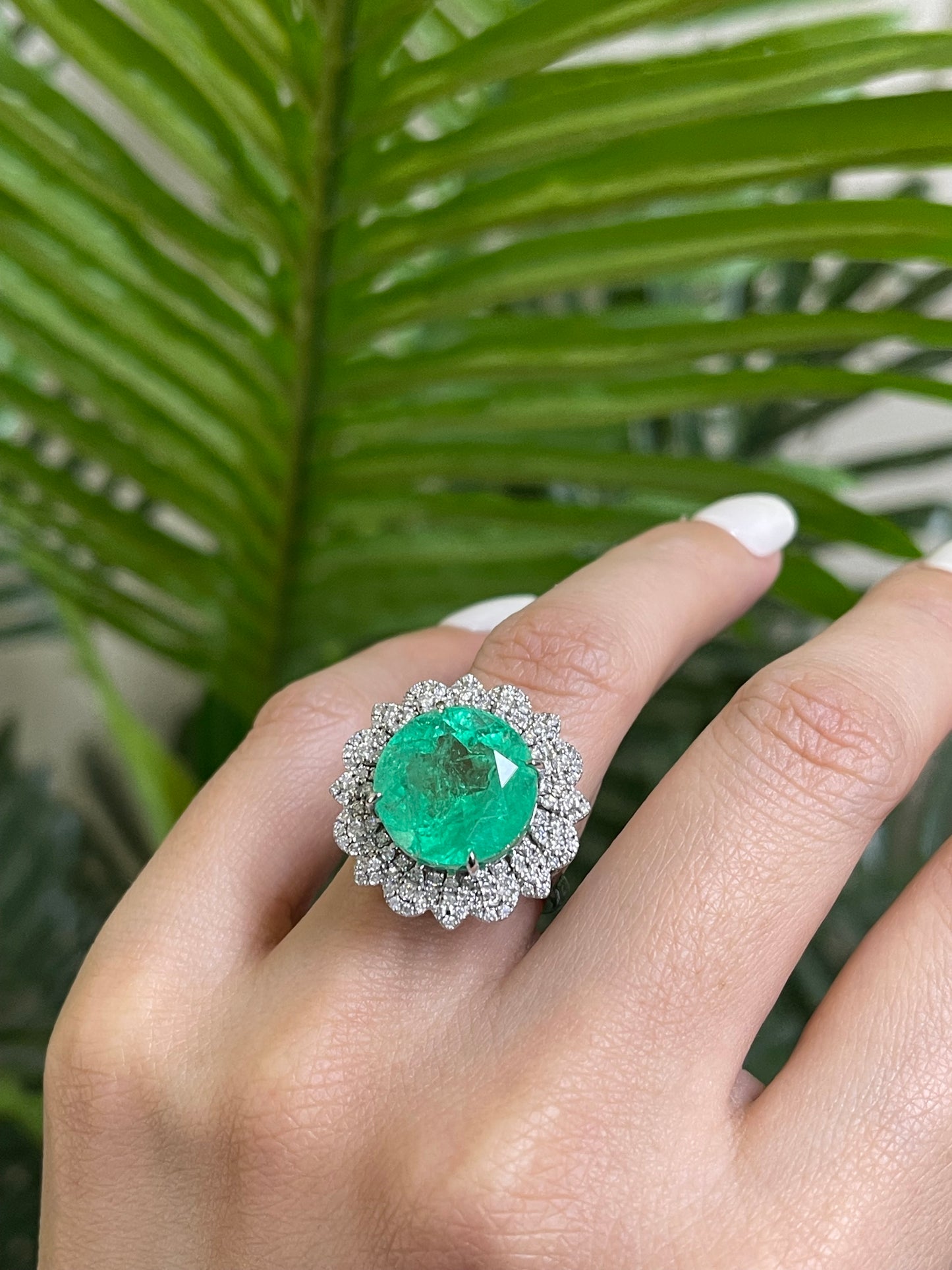 10.6ct Natural Colombian Emerald & 2.28ct Natural Diamond Flower Ring In 14ct White Gold